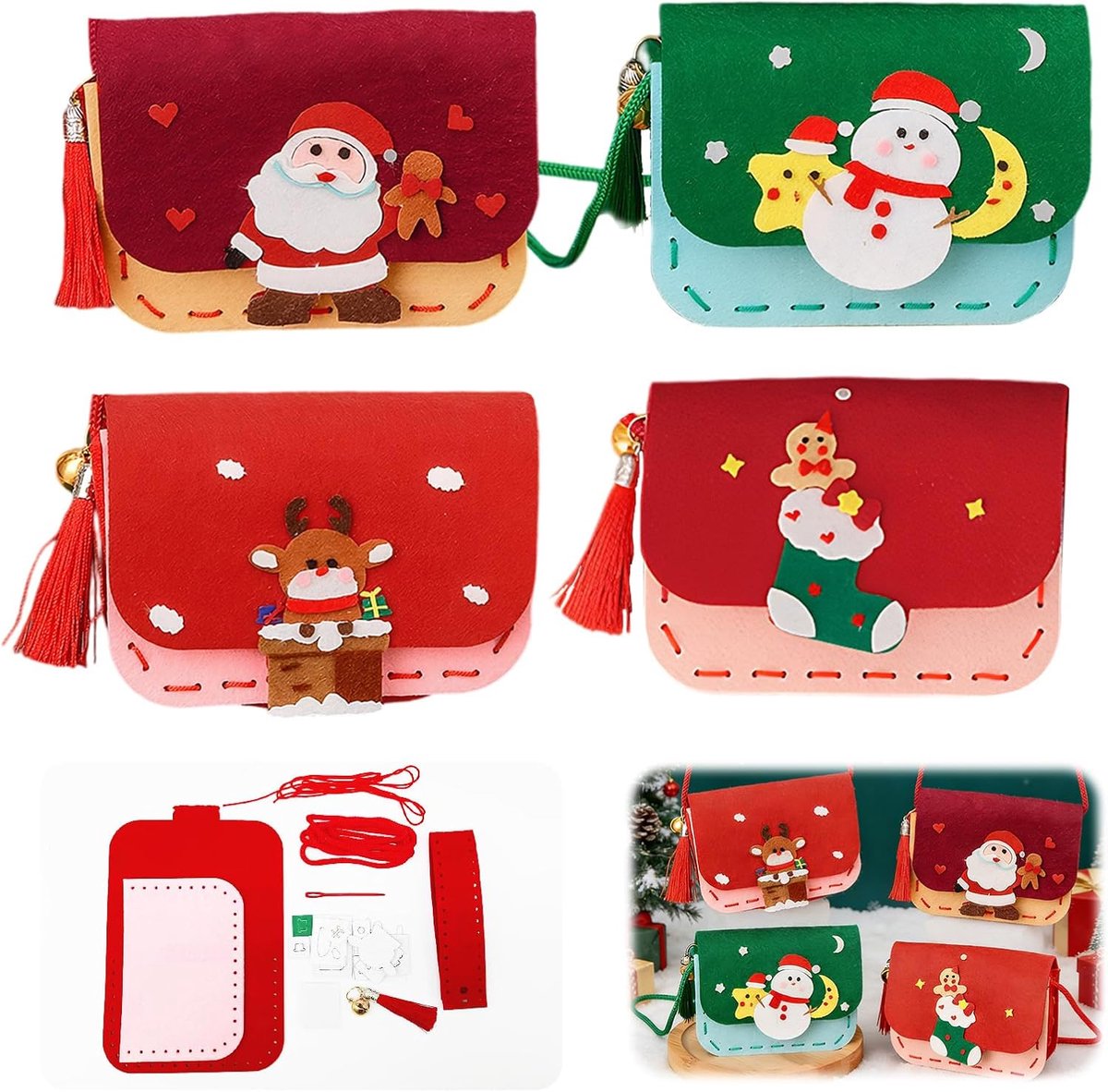 exatta Vilten naaiset, kerstnaaiset, doe-het-zelf vilten tassen, knutselset, schoudertassen van vilt, handgemaakte tassen, vilten naaiset, doe-het-zelf voor beginners, Kerstmis, creatief cadeau