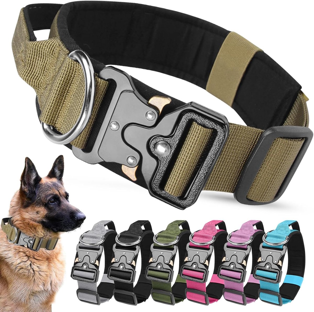 hondenhalsband, robuuste brede halsband met handvat en zacht gewatteerd, verstelbare comfortabele halsband voor kleine, middelgrote en grote hondentraining (donkerkaki, L)