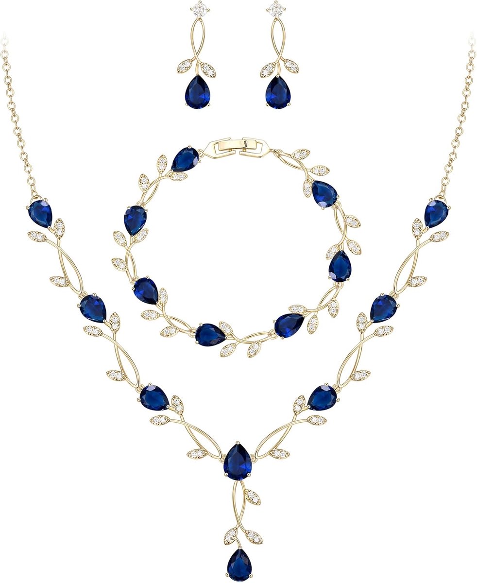 FAITH Bruiloftssieradenset voor bruid, bruidsmeisje, druppelvormige kubische zirkonia, blad, wijnstok, bruid, gala, halsketting, hangende oorbellen en armbandset voor dames