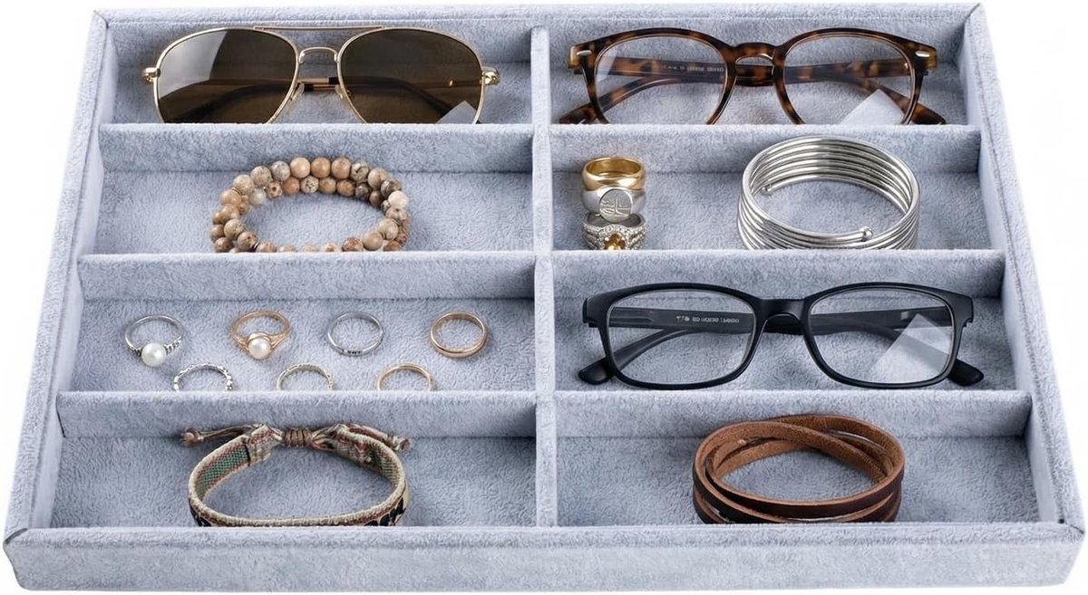 Fluwelen zonnebrilhouder met 8 sleuven, multifunctionele opberg- en displayorganizer voor brillen, horloges en sieraden, grote capaciteit en zachte bescherming voor dagelijks gebruik