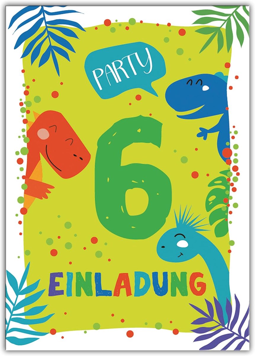 SnelShoppen - 12 Dinosaur Kaarten voor Uitnodigingen 6e Verjaardag Kinderen - Feest, Jongens, 10.5x14.8 cm, Kwaliteit, Made in Germany, Pre-geprint, 3
