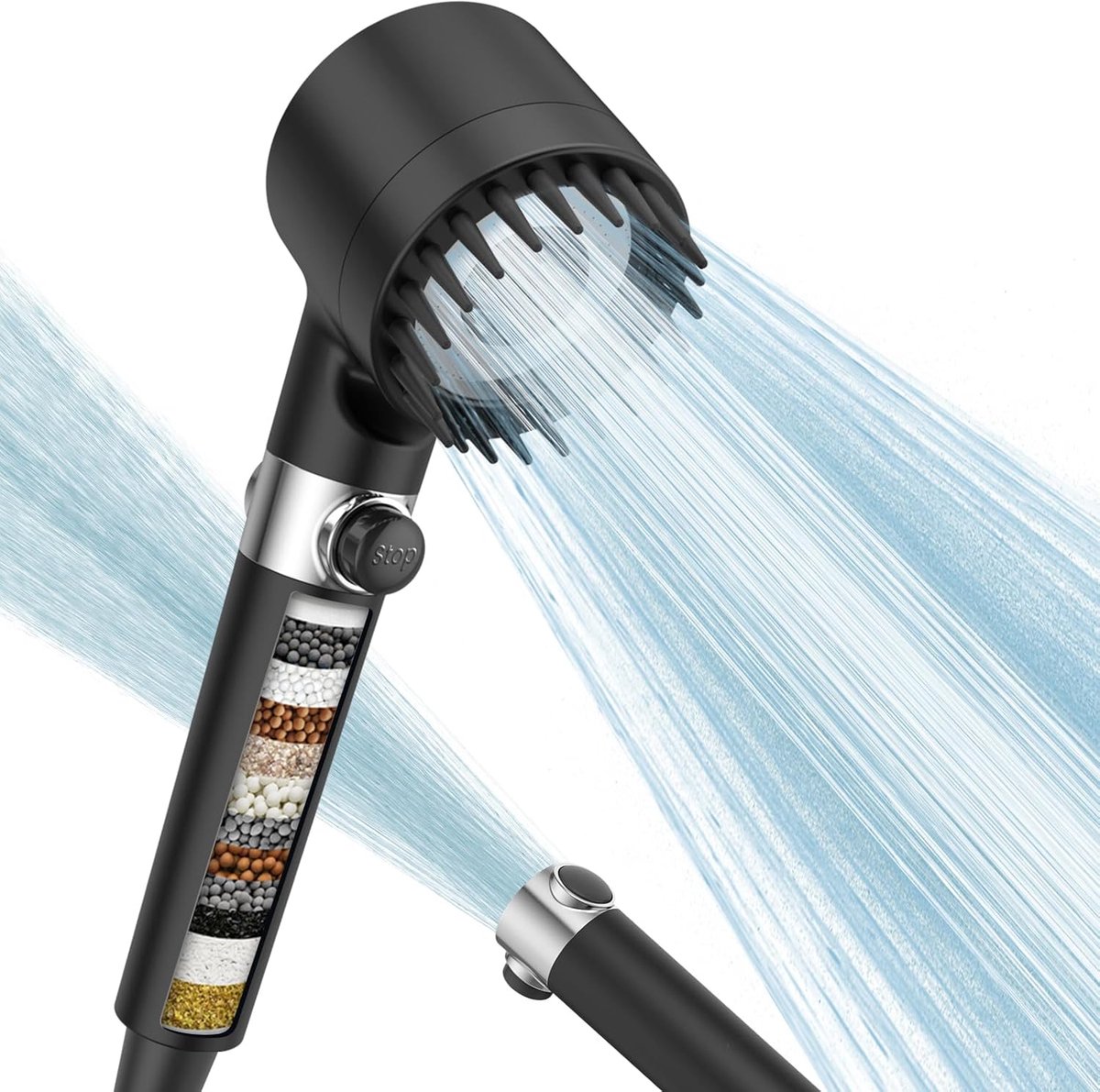 SnelShoppen - Douchekop met 15-fasen filter voor hard water, waterbesparende filterdouchekop, 1.5m slang, 4 sproeimodi, hoge druk, chloorverwijdering,