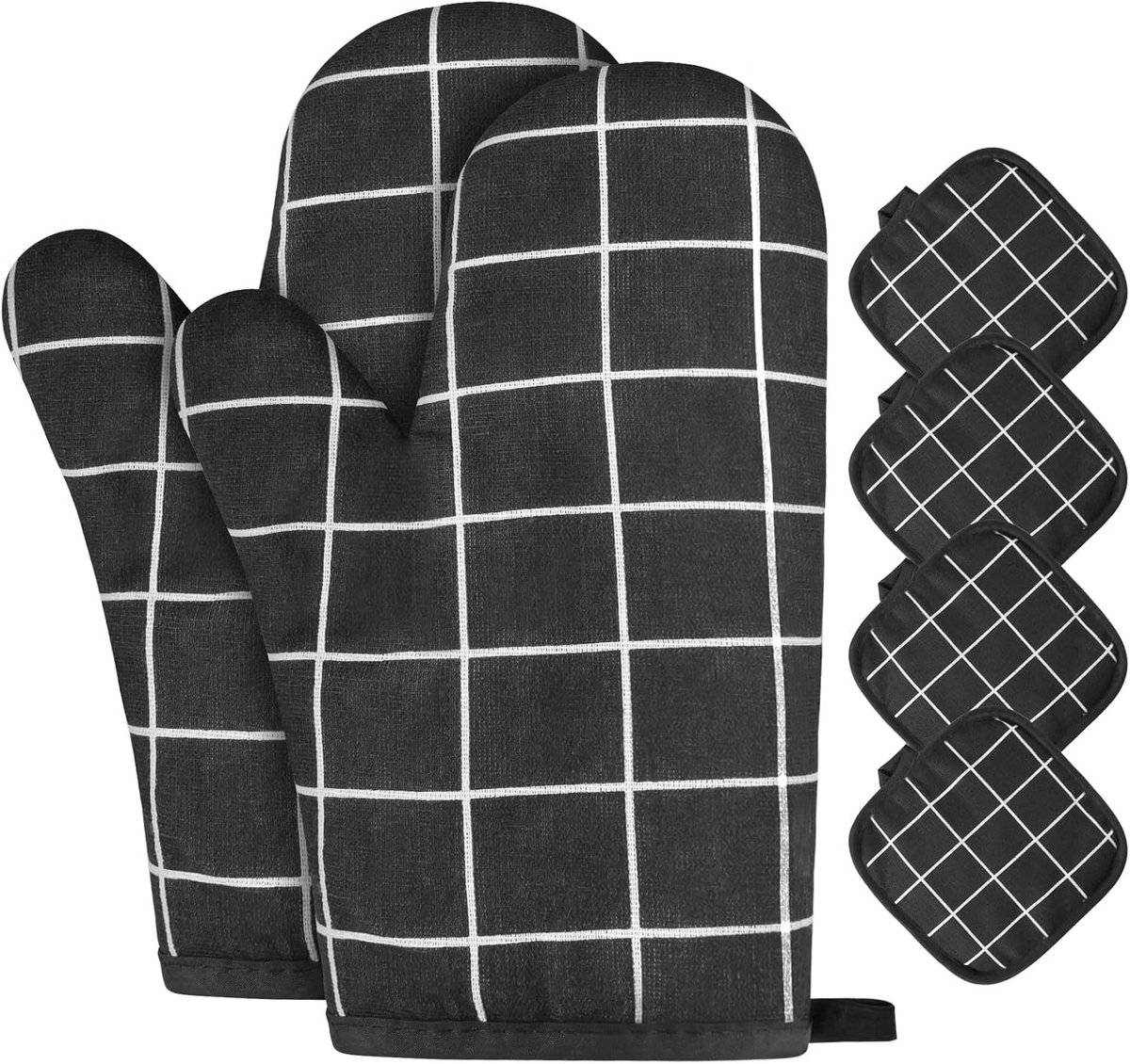 SnelShoppen - Ovenwanten en Pannenlappen Set van 6, BBQ Handschoenen, Hittebestendige Kookhandschoenen van Katoen, Antislip, Zwart, Voor Koken, Bakken