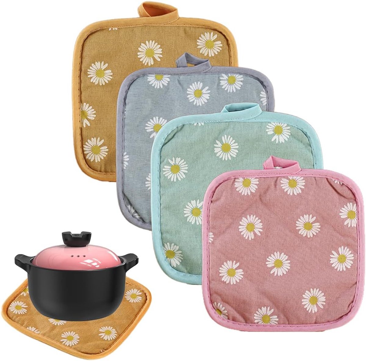 SnelShoppen - Set van 4 Hittebestendige Pothouders, Keuken Pothouders, Ovenwanten, Katoen, 17x17 cm, Daisy, Geschikt voor Pannen, Borden, Tassen