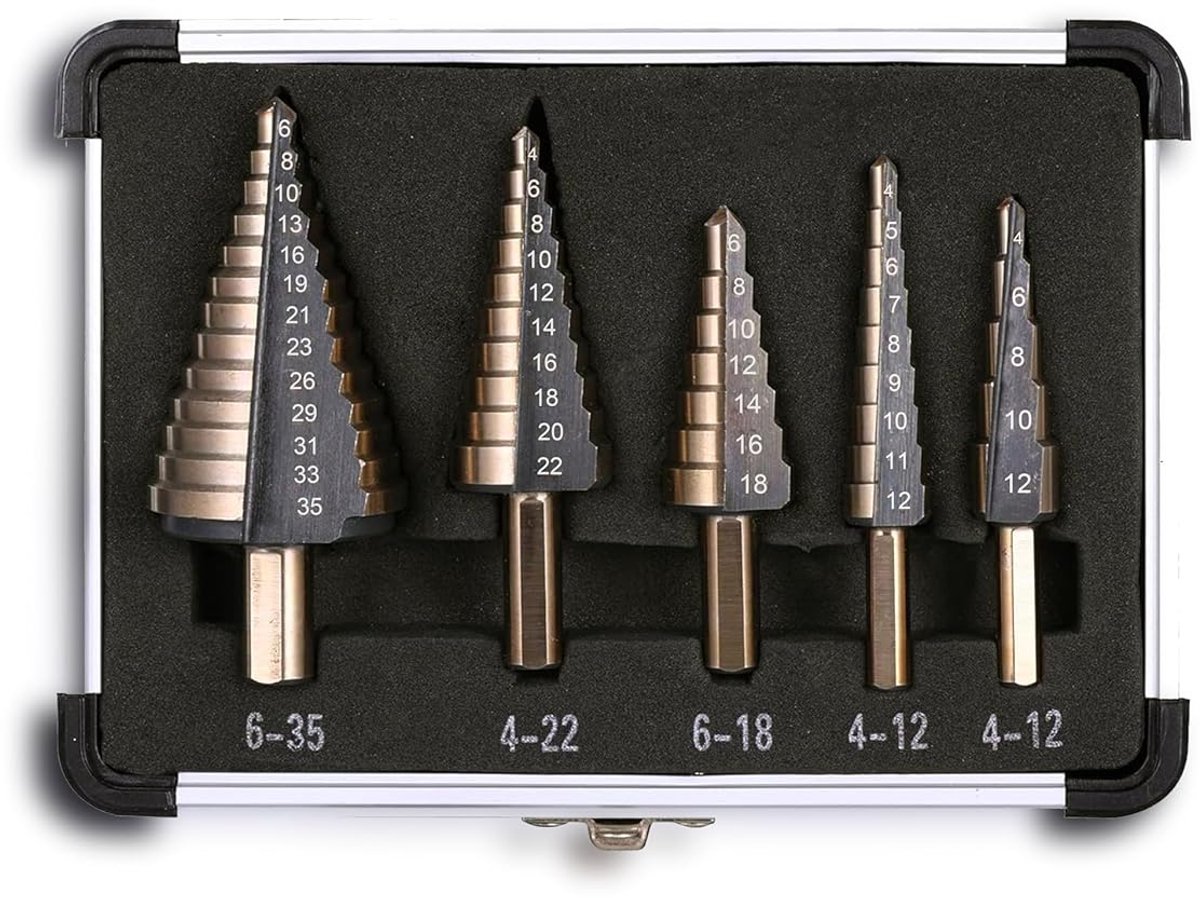 Trapboren Set - Hogesterkstaal Boren - Metaal Boren - 50 Maten Titanium - 5 Stuks