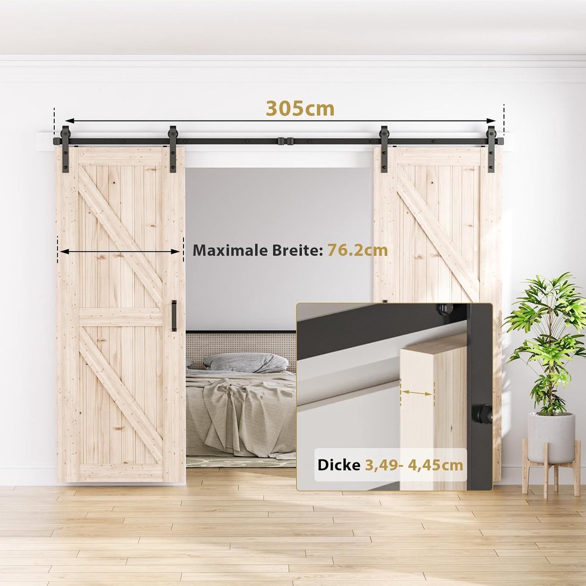 SnelShoppen - 305 cm Complete Set Sliding Door Fittings - Dubbele Deuren Systeem, Zwart, Geschikt voor 2 Houten Deuren tot 76 cm Breed, Robuust en Duu