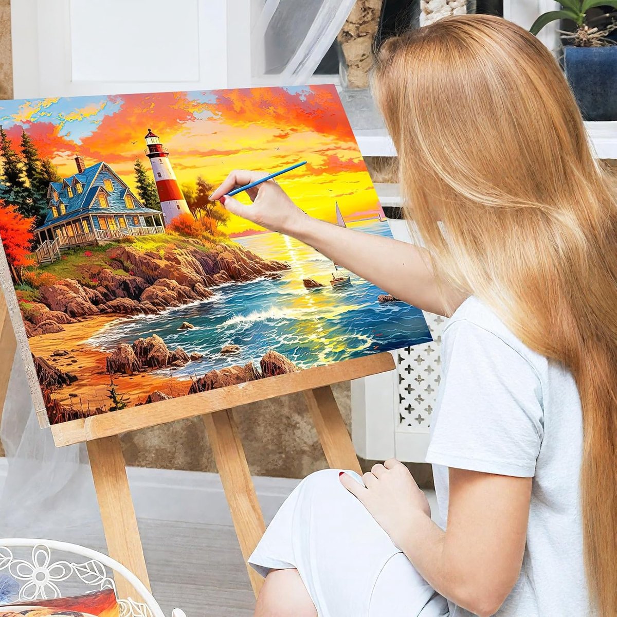 SnelShoppen - Paint by Numbers voor Volwassenen, Strandbloemen en Vuurtoren Schilderen op Nummer Kit, DIY Acryl Schilderen voor Beginners met Lijst en