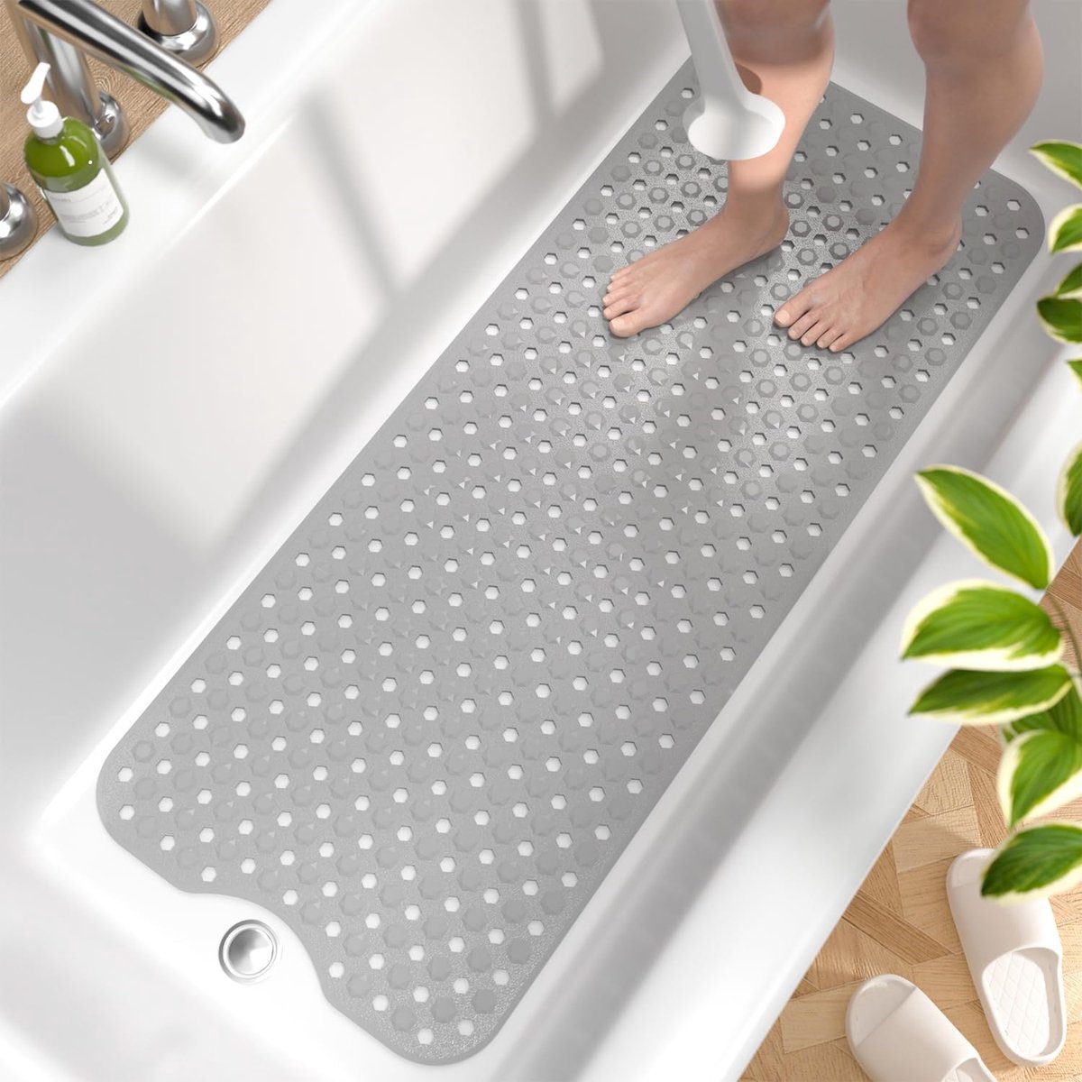 SnelShoppen - Non-slip Badmat 101 x 40 cm - Antislip Douchemats, BPA-vrij, Schimmelbestendig, Machinewasbaar, Zacht voor de Voet, Grijs