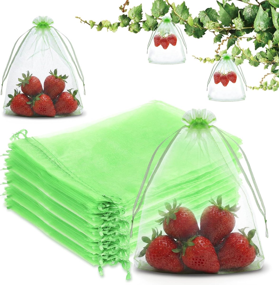 Verpakking van 100 stuks - Fruitbeschermingszakken - Fruitbeschermingsnetten - Insectennetten voor fruit - Tuinnetzakken - Organzazakken - Met trekkoord - Beschermt tegen vogels, wespen, insecten en fruitvliegen - 15 x 20 cm - Lichtgroen