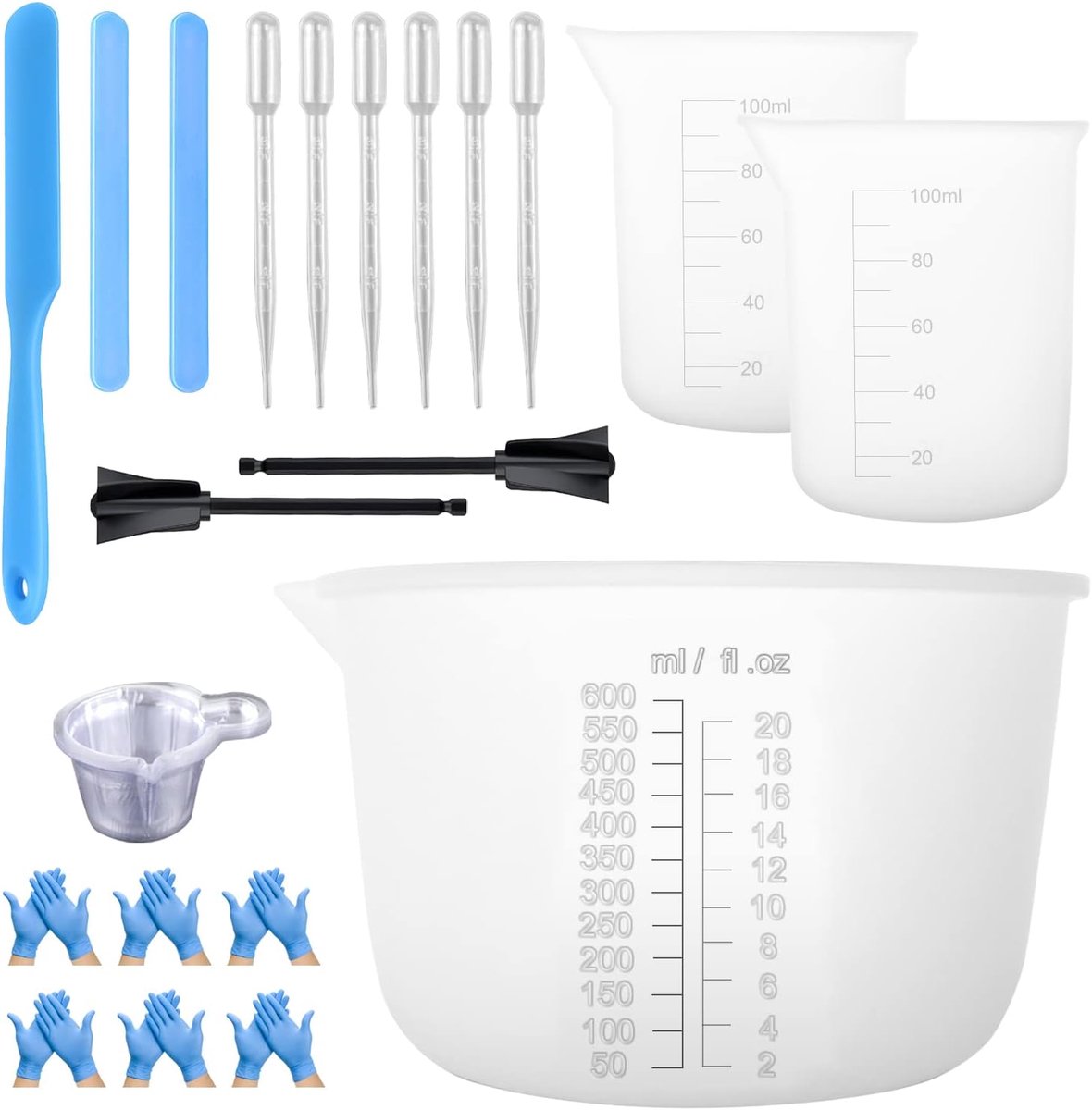 SnelShoppen - Meetbekerset Silicone - 600 ml Maatvoering + 2 Mini 100 ml Cups - Voor Epoxyhars, Mengbekers, Stokjes, Pipetten - Duurzaam, Herbruikbaar