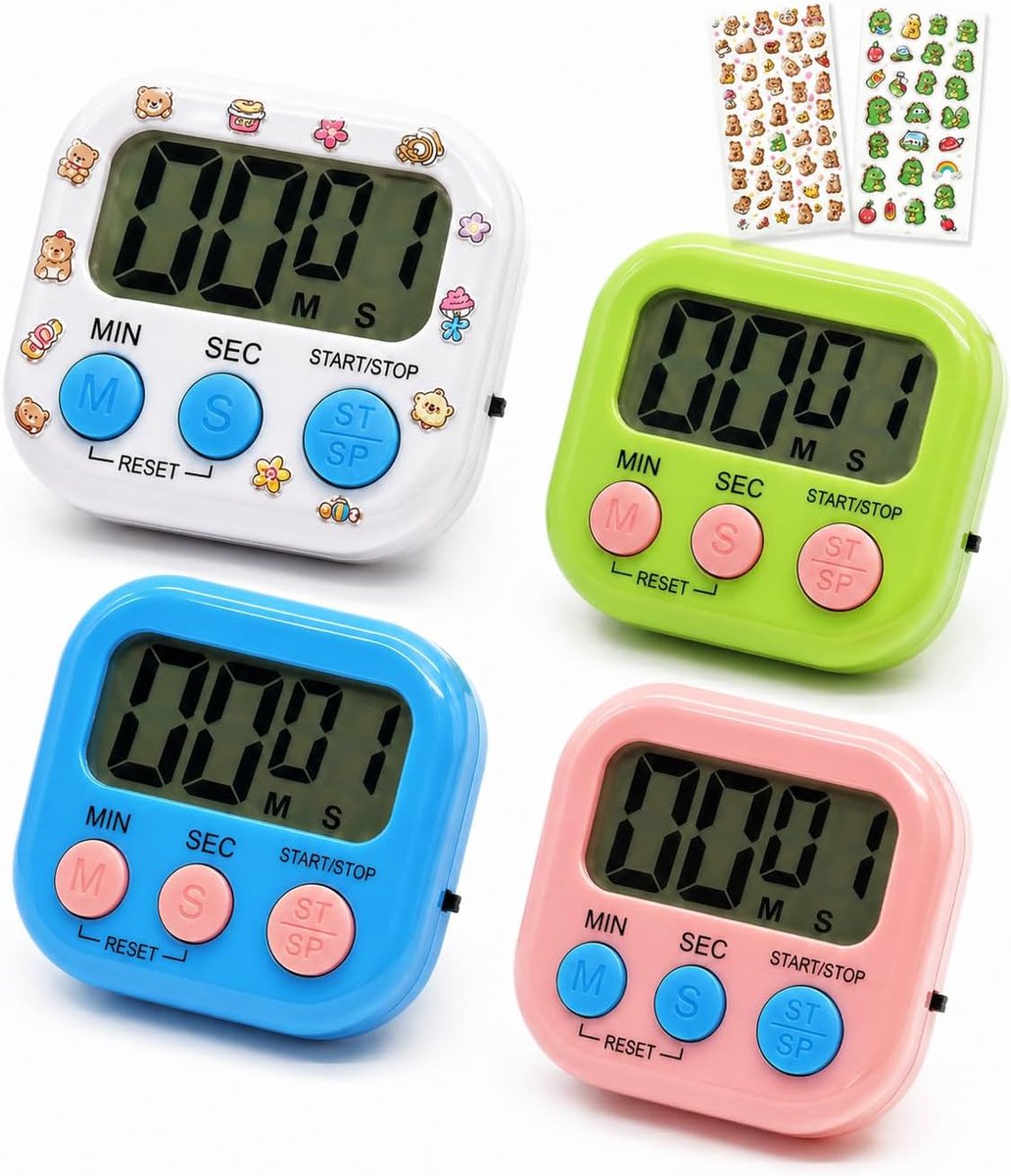 SnelShoppen - 4 Stuks Digitale Keuken Timer met Sticker, Magnetische Countdown Timer, Geluid Alarm voor Koken, Leren, Studie, Gym, 60 Minuten, Multifu