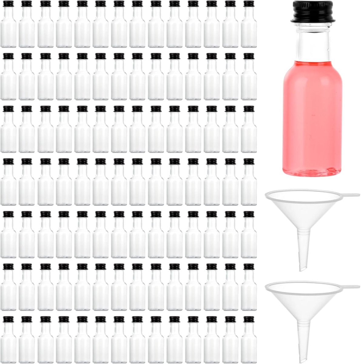 SnelShoppen - Pack van 100 Mini Bottles - Plastic Shot Flessen 25 ml - Levensmiddel veilige, BPA-vrije kleine flessen met 2 trechters voor Feesten, Br