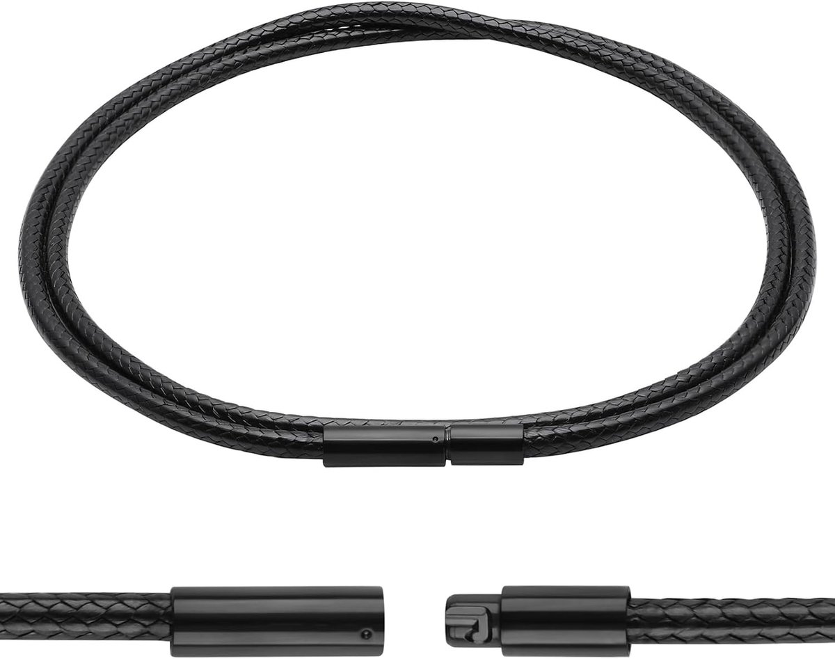 SnelShoppen - Heren Ketting op Zwarte Gewaxte Touw, 50cm Lange Zwarte Koord Ketting, 3mm, met Sieraden Doos en PVC Tas, Geweven, Hangertje voor Hangsl