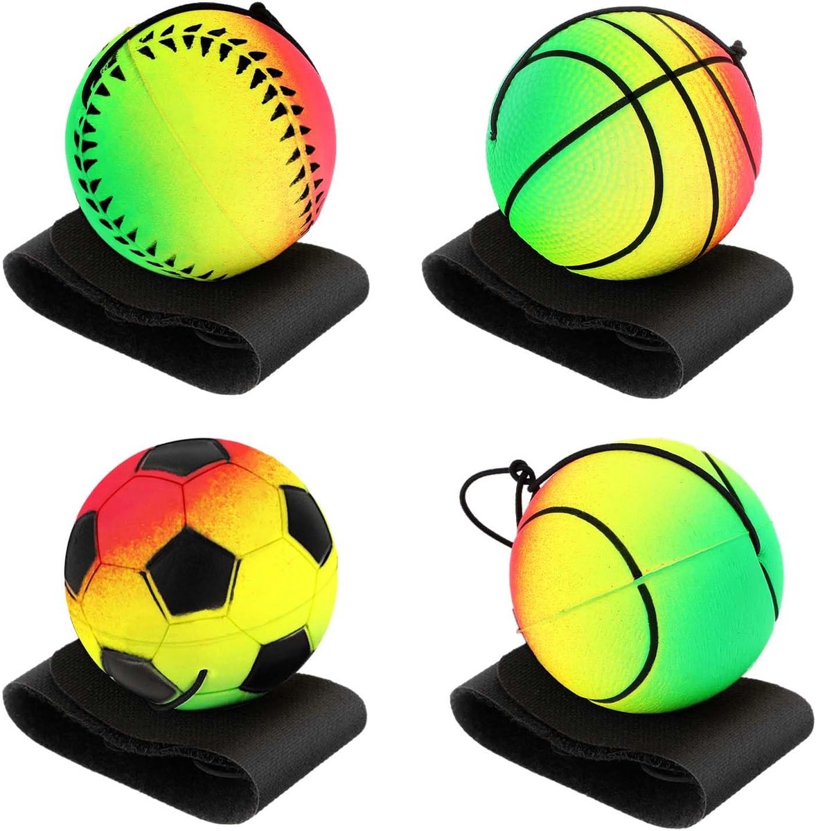 SnelShoppen - Pack van 4 Pols Terugslagballen met Koord, Springbal, Rubber Terugslagbal, Sport Vissersbal voor Kinderen en Volwassenen, Voor Spel en P