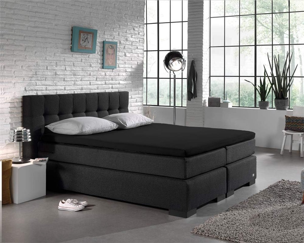 SnelShoppen - Fitted Sheet Topper Jersey Zwart 190/200 x 200/220 cm - Stretchable, Duurzaam en Wonderfully Soft voor Matrassen van 8 tot 12 cm