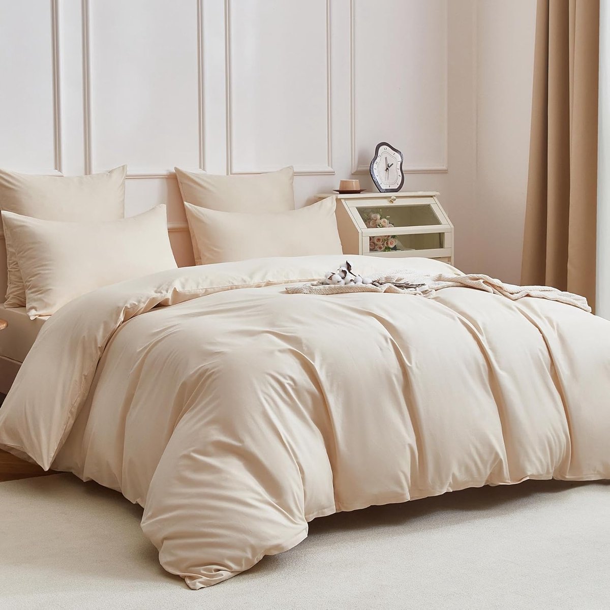 SnelShoppen - Bedlinnen Set 200 x 220 cm Katoen Beige Effen Duvet Cover met Rits en 2 Kussenslopen 80 x 80 cm 100% Gecombed Katoen Ademend Zacht Glanz