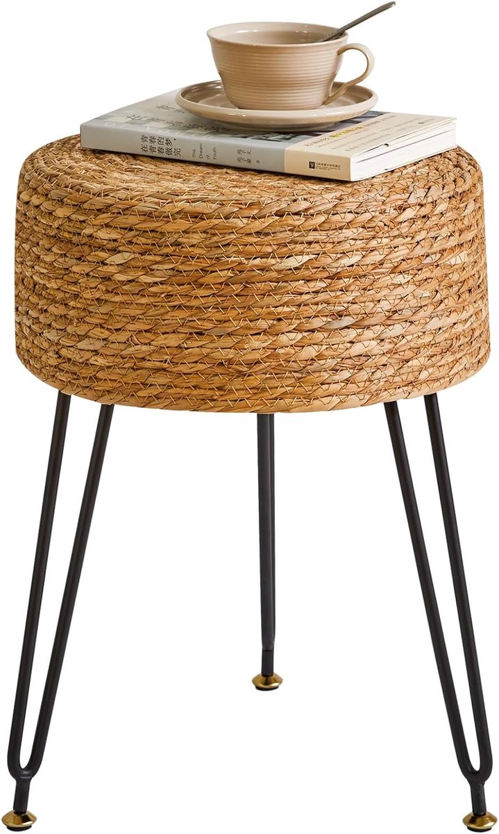 SnelShoppen - YMYNY Voetenbank Natuurlijk Zeegras Handgeweven, Padded Footrest met Metaal Poten, Multifunctionele Kruk voor Woonkamer, 32x32x45CM, Pas