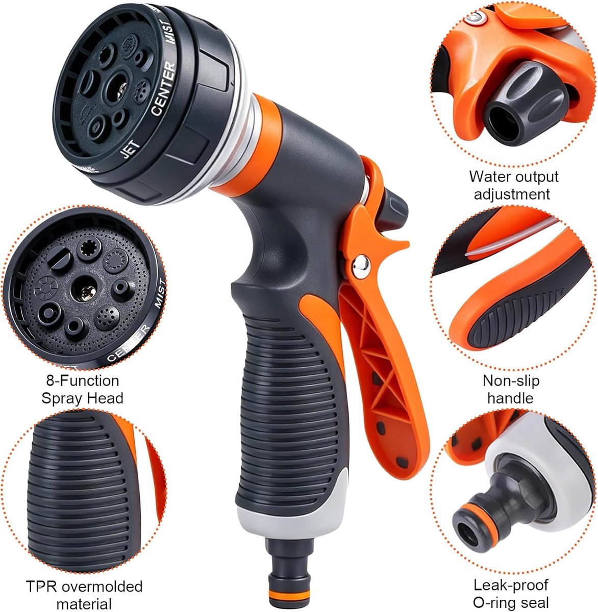 SnelShoppen - 8/10-voudig instelbare tuinsproeier, handspuitpistool met sproeikop voor tuinirrigatie, autowassen, huisdierbaden en stoeprandreiniging