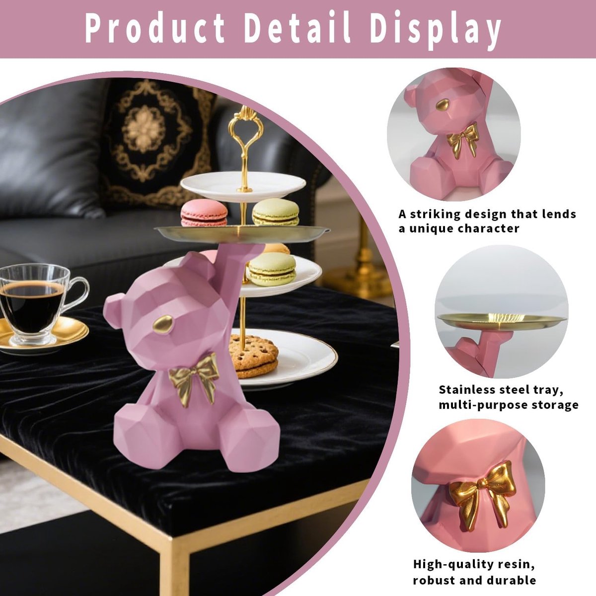 SnelShoppen - Kawaii Bear Sculptuur Decoratie met Opbergtray, Geschikt voor Sleutels, Sieraden en Kleine Items, Haringen van Kunsthars, Roze, Voor Div