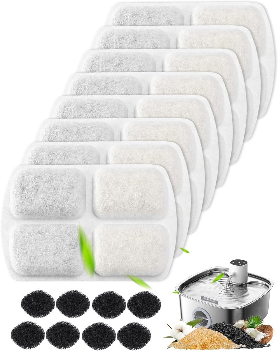 SnelShoppen - Drinkfontein voor Katten 8L - Roestvrij Staal - Draadloos, Inclusief 8 Reservefilters en Sponsfilters voor Optimale Waterkwaliteit