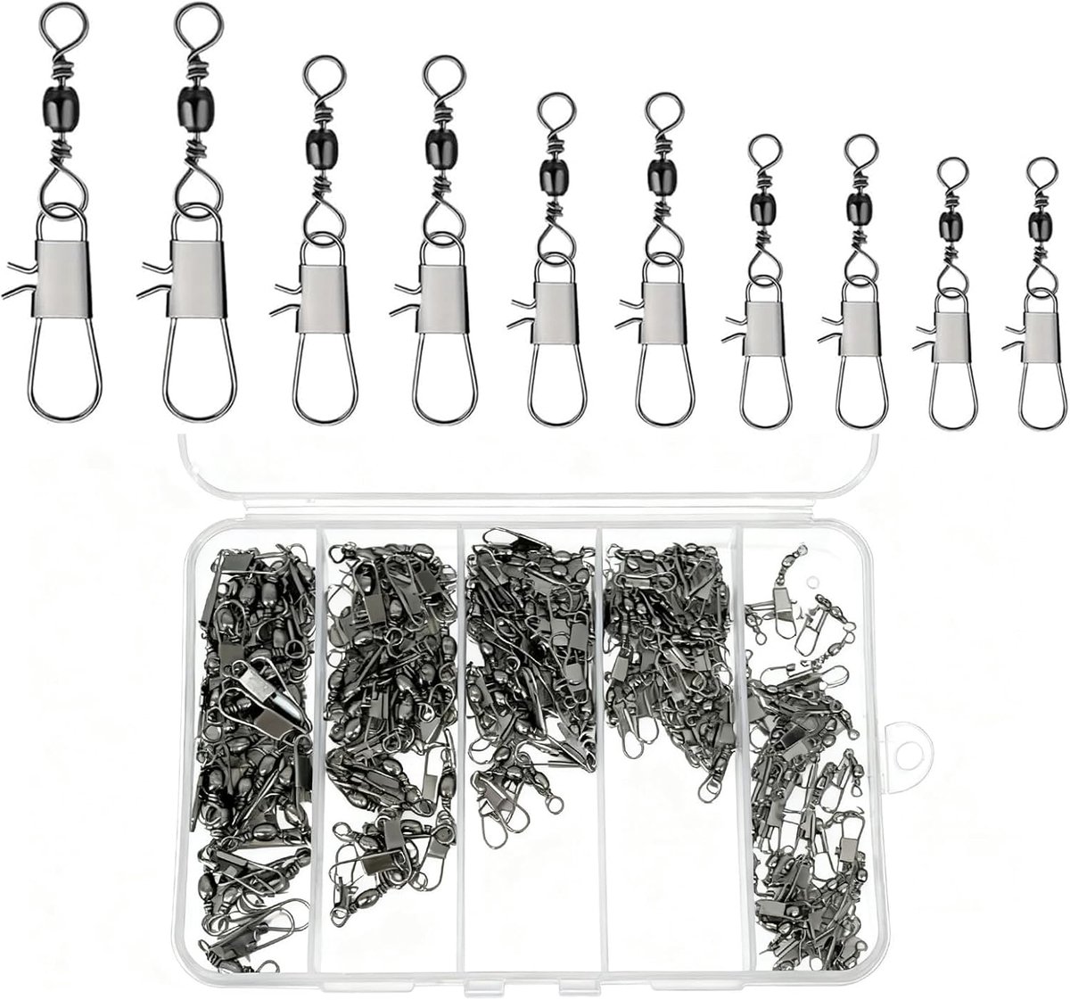 SnelShoppen - 150pcs Vis Carabiners, Verstevigde Ringen met Karabijnhaak, Swivel Clips voor Vissers, 5 Maten (7#-14#), Ideaal voor Hengelsport Accesso