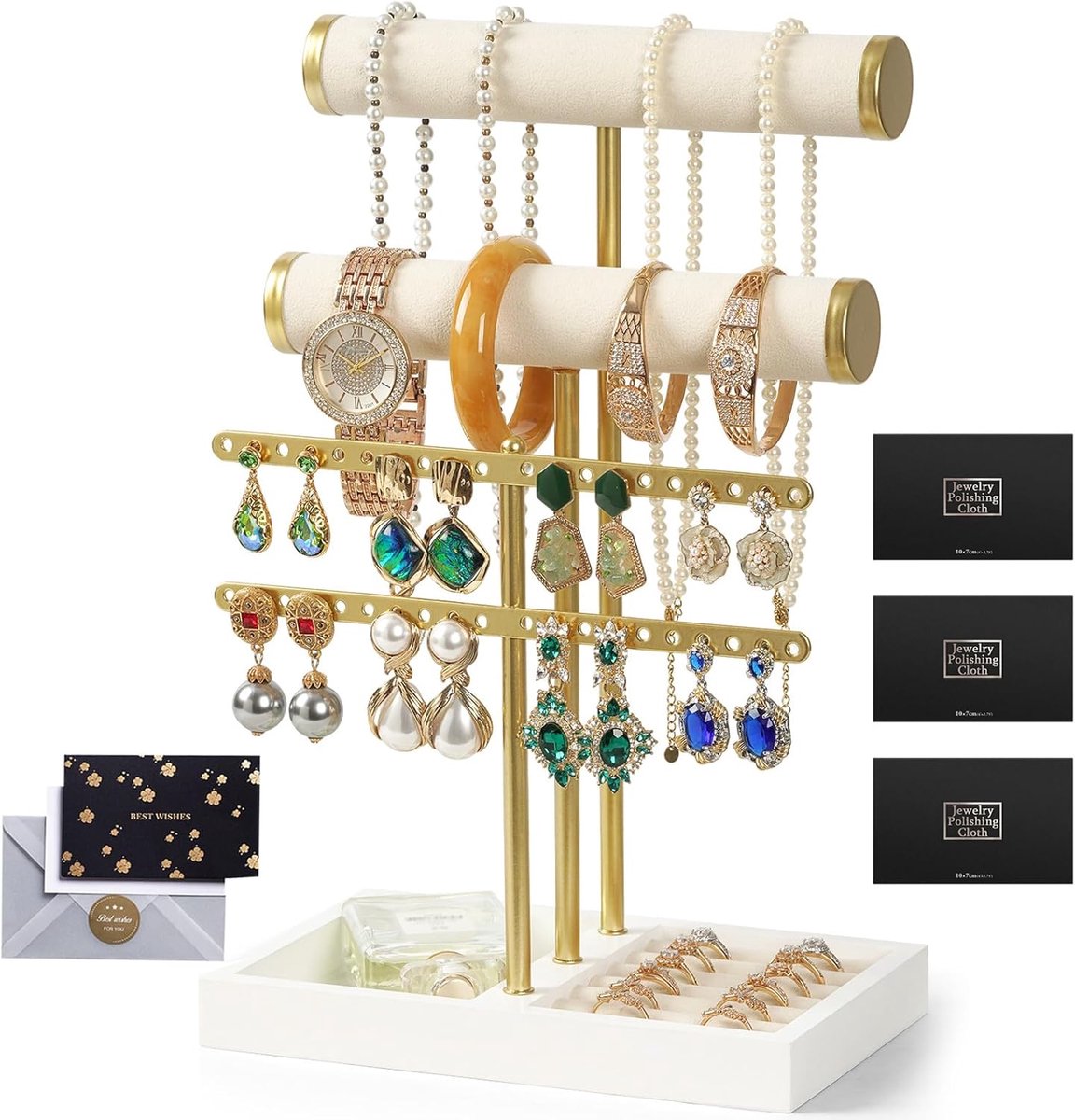 SnelShoppen - Sieradenorganizer met 3 Niveaus, Fluwelen Armbandhouder, Sieradenstandaard voor Kettingen, Armbanden, Ringen en Horloges - Beige en Slij