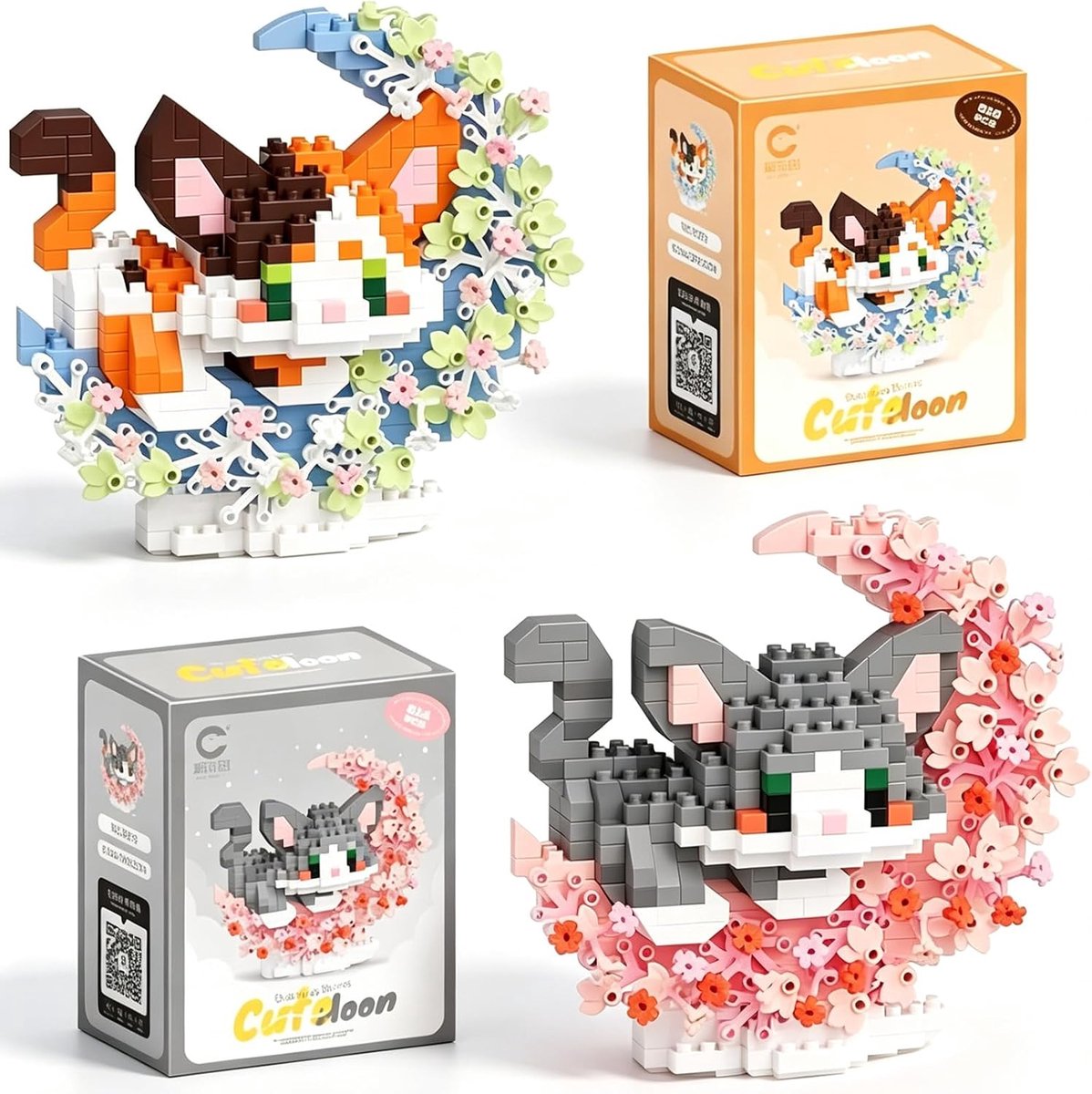 SnelShoppen - 2 stuks kattenbouwstenen set, mini-modelbouw, unieke kattenfiguren van ABS, verzamelobject en decoratie voor kattenliefhebbers, cadeau,