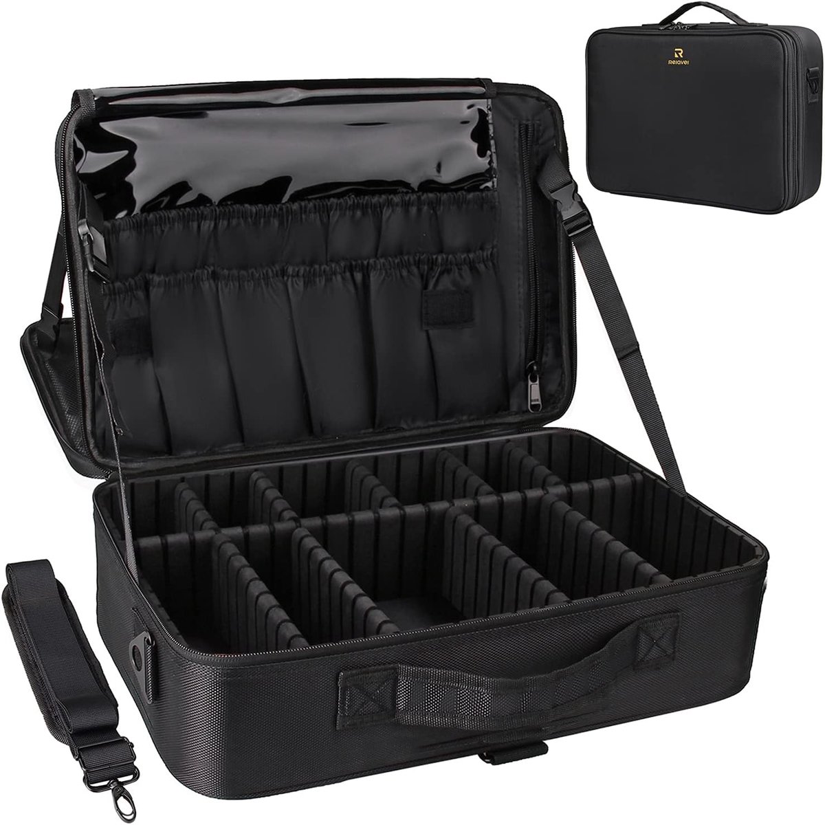Thijox - Professionele Make-up Trein Case Cosmetische Tas Borstel Organizer 16.5" - 3 Laags met Verstelbare Riem - Grote Capaciteit - Zwart - Perfect
