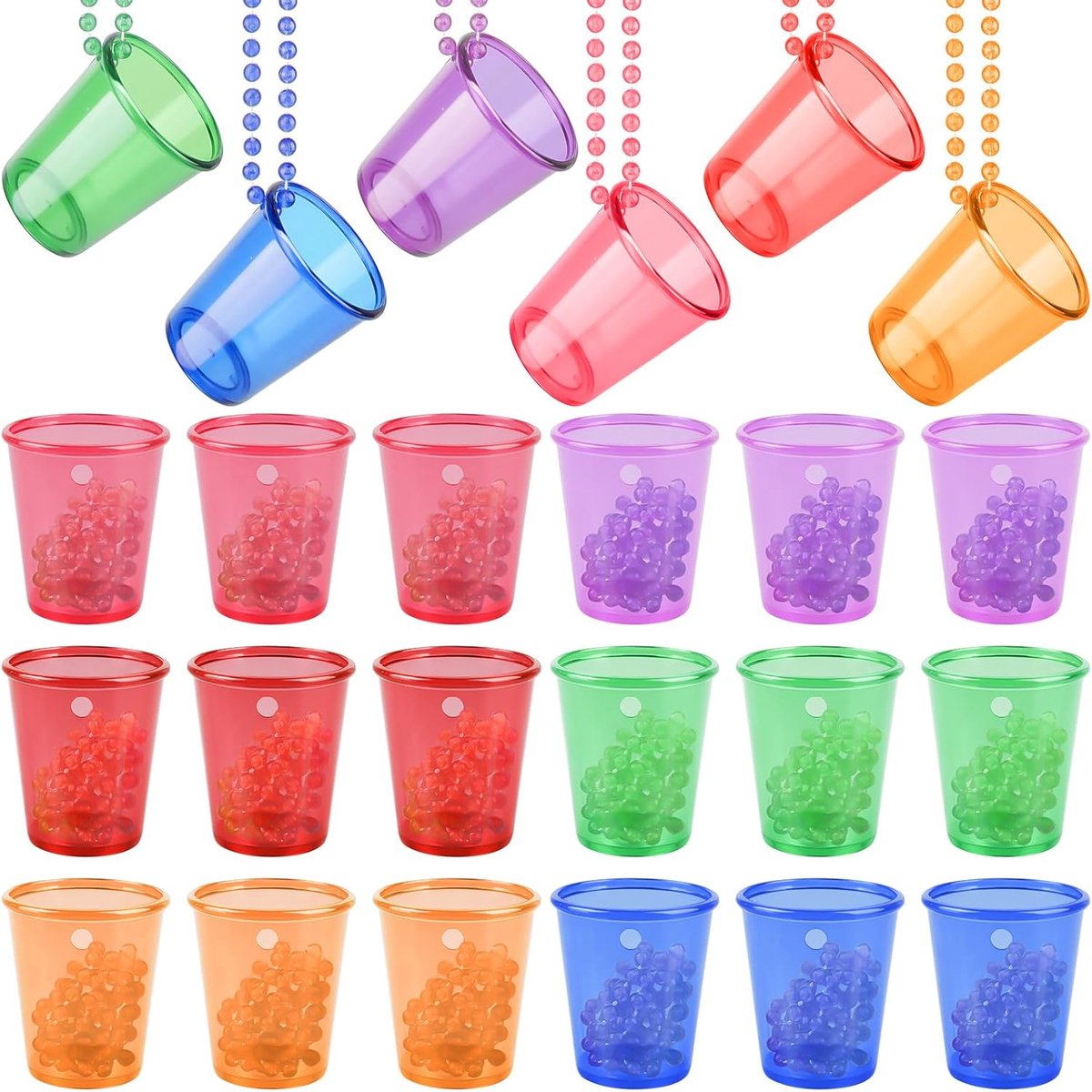 SnelShoppen - Pack van 24 Shotglazen met Ketting voor Hangen - Herbruikbare Plastic Shotglazen voor Bruiloft, Verjaardag, Vrijgezellenfeest, Festival,