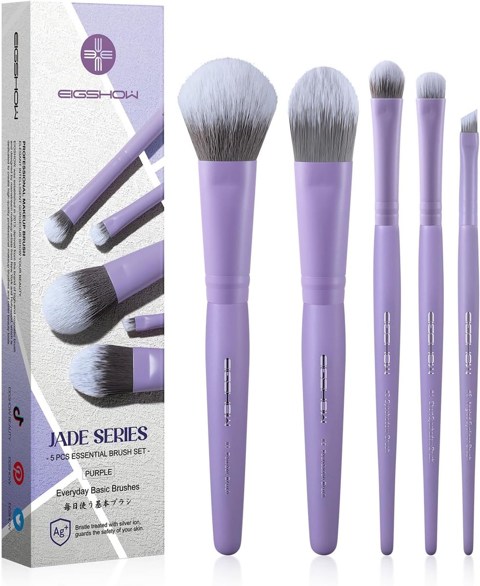 SnelShoppen - 5-delige Make-up Kwastenset met Zilver Ion Geïnfundeerde Haren, Essentiële Basis Make-up Kwasten voor Poeder, Foundation, Schaduw, Eyeli