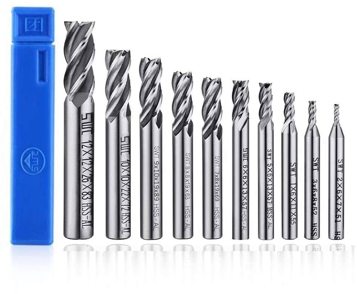 SnelShoppen - 10-delige Freesboor Set HSS 4 Fluiten - CNC Cilinder Schacht Cutter Bits voor Hout, Aluminium, Titanium, Staal - 2-12mm Maat