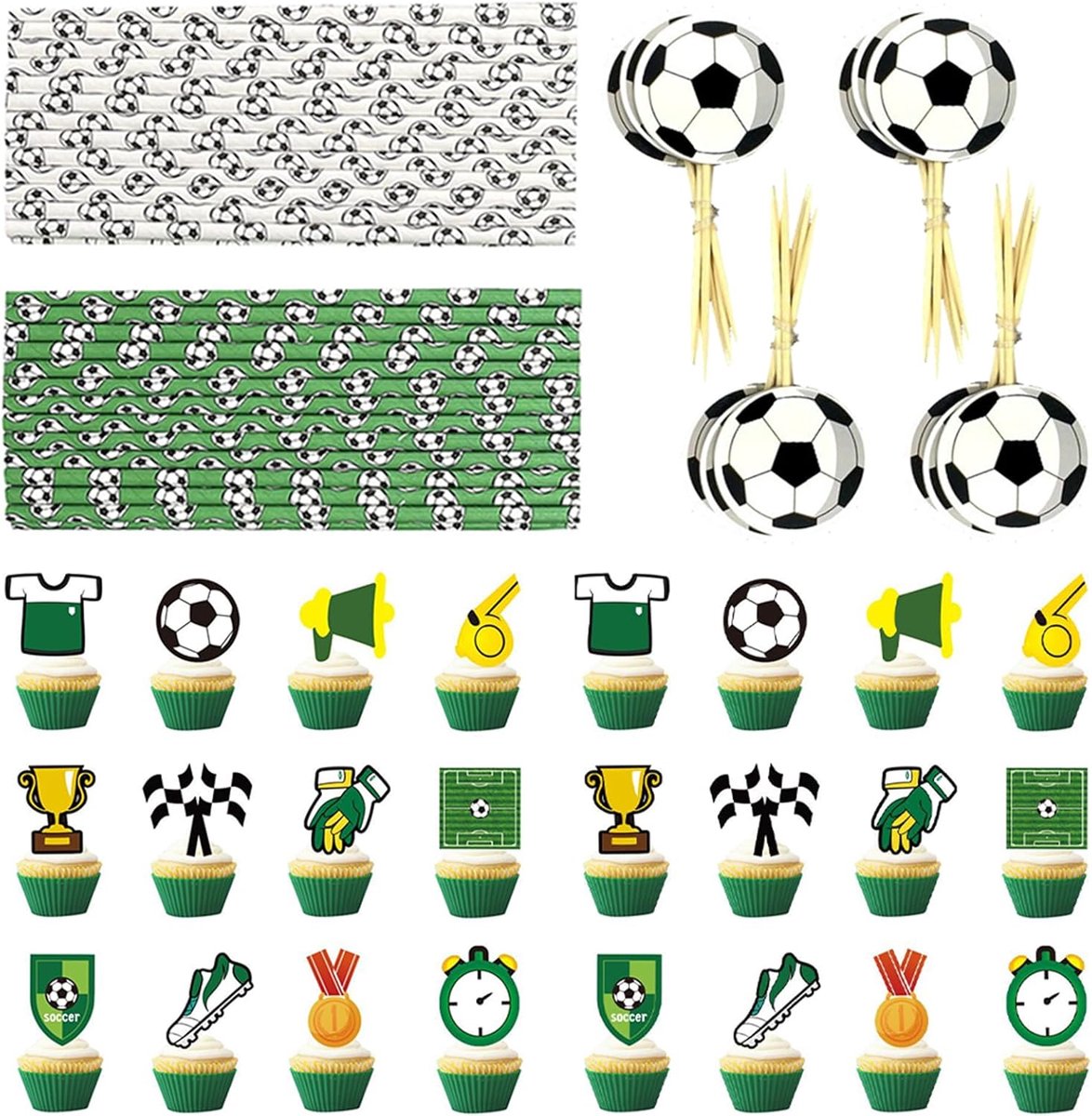 SnelShoppen - 50pcs Voetbal Papieren Rietjes, 24pcs Voetbal Tandenstokers, 24pcs Voetbal Cupcake Toppers, Wereldbeker 2026 Cocktail Rietjes, Voetbal F