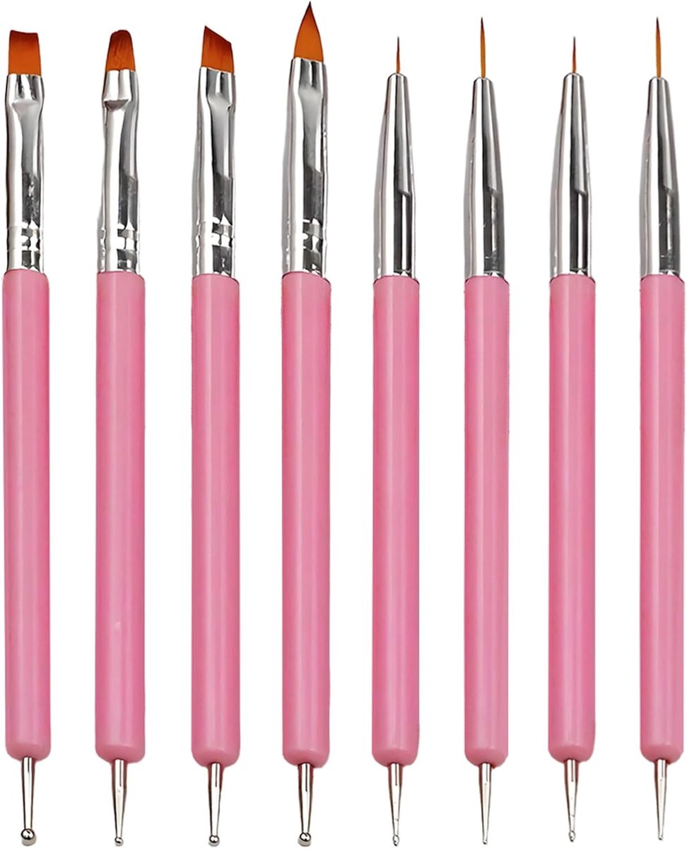 SnelShoppen - 8-delige Dubbelzijdige Nagelborstel Set - Professionele Nail Art Penselen - Manicure Gereedschap - Roze - Voor Nail Art, Decoratie en Cr