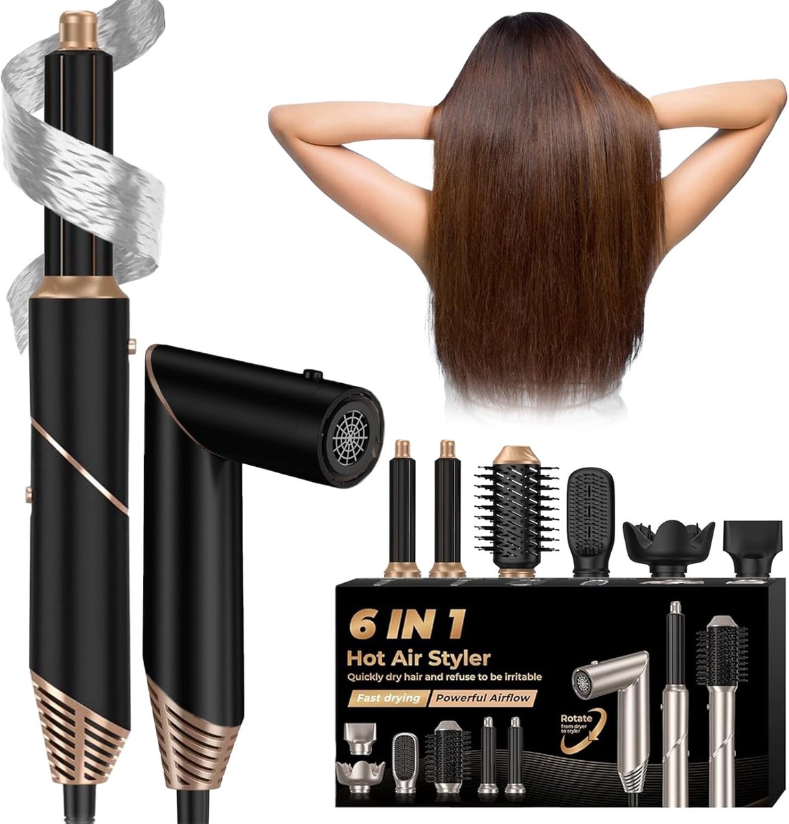 SnelShoppen - Airstyler 6 IN 1 Vouwbare Föhn Borstel met Ionen, Haarstyler, Sneldroger, Automatische Krulborstel, Steilborstel, Volumeborstel voor Thu
