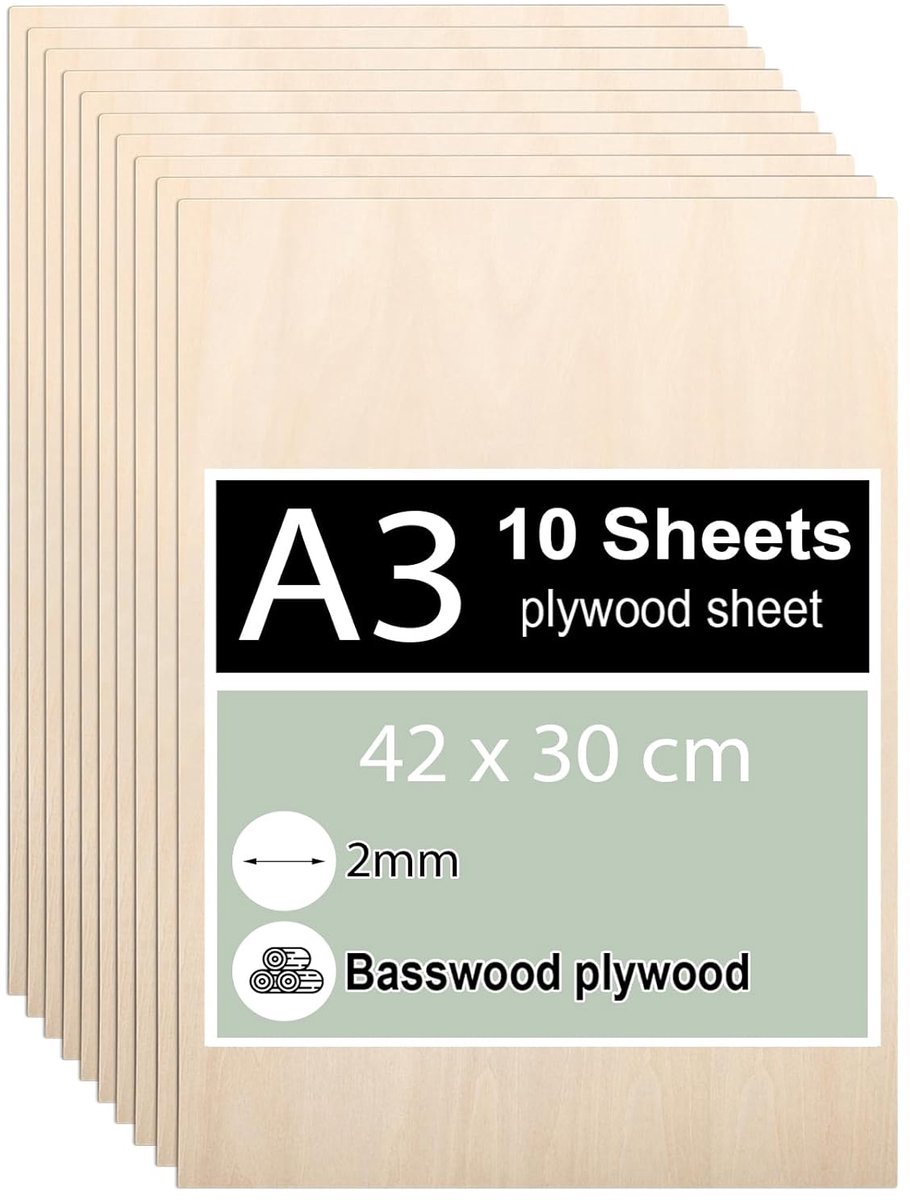 SnelShoppen - Pack van 10 Plywood 2 mm Balsahoutplaten 42 x 30 cm Laser Snijpanelen Hout voor Pyrogravure, Graveren, DIY Projecten, Modelbouw