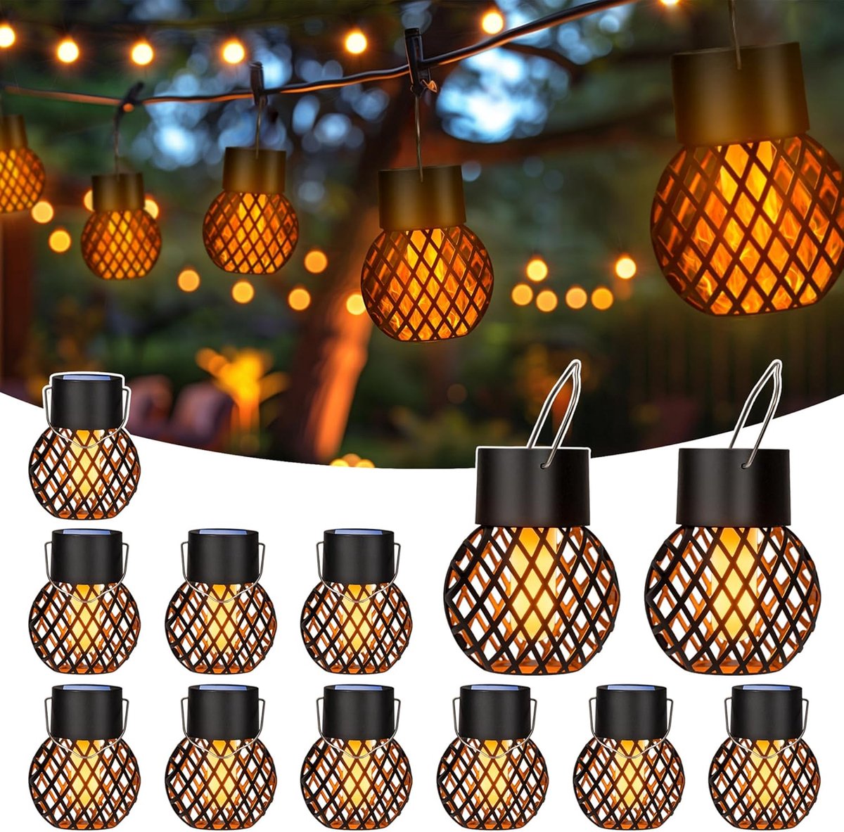 SnelShoppen - 12x Solar Tuinverlichting met Vlammen Effect - Hangende Waterdichte LED Lantaarns - Perfect voor Tuin, Patio, Balkon, Feesten - Hoogwaar