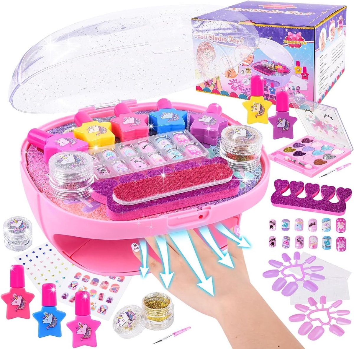 SnelShoppen - Nagelstudio voor Kinderen - Nagellakset met Nageldroger, Valse Nagels, Nagelkunst voor Meisjes, DIY Make-up Koffer voor Feest en Creatie