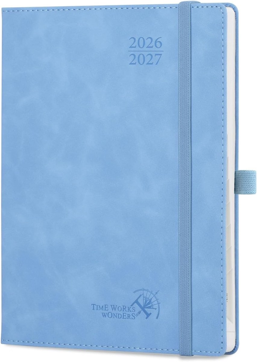 SnelShoppen - Agenda 2026 2027 Weekly Planner Notitieboek 22x16.5 cm - Soft PU Leer - Maandtabs - 80 GSM Papier - Azure Blauw - Plan Efficiënt van Aug