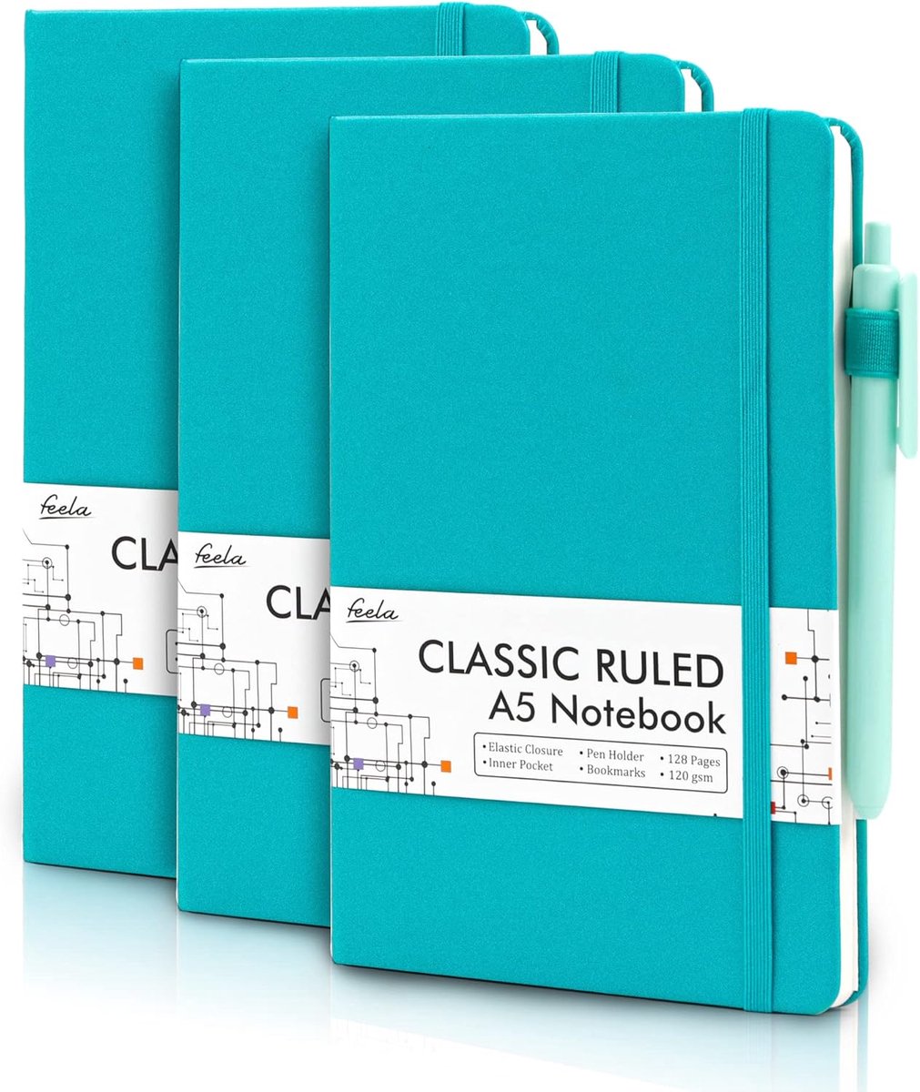 SnelShoppen - A5 Notitieboekjes Multipack - 3 Stuks Lijn Notitieblokken (120 gsm) met Hard Cover en 3 Zwarte Gelpennen - Perfect voor Werk, Studeren,