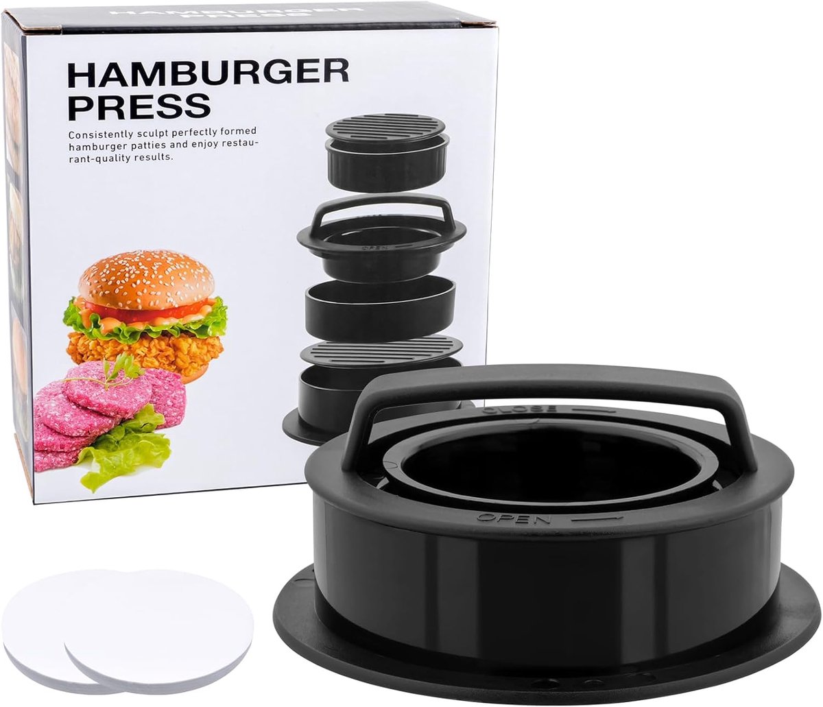 SnelShoppen - 3-in-1 Burger Press Set, Hamburger Maker, Patties Press, Non-Stick Burger Paper, Voor Perfecte Hamburgers, BBQ, Keuken, Feest
