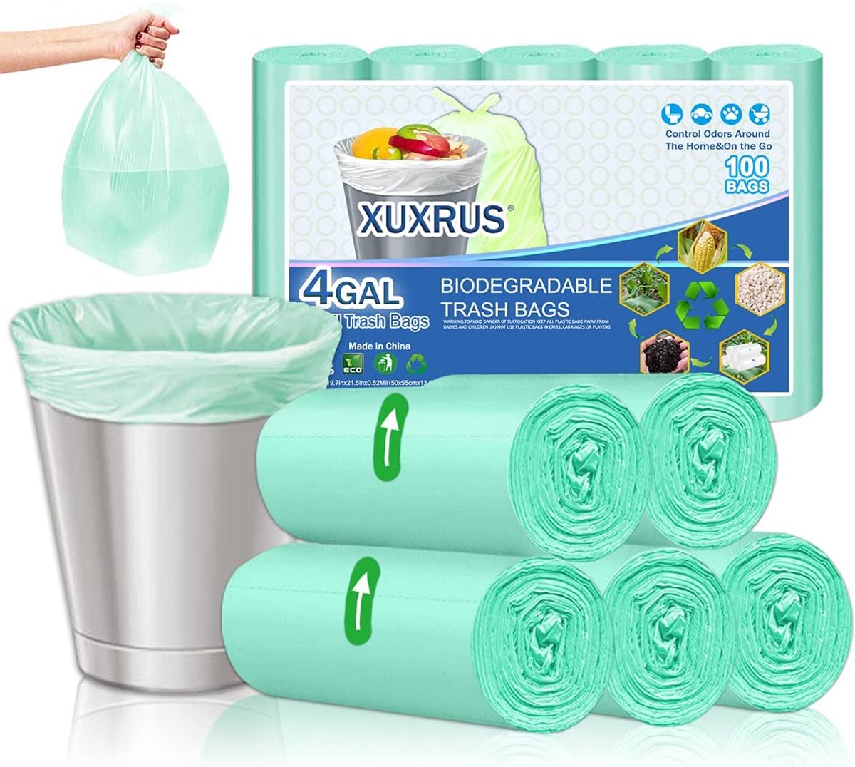 SnelShoppen - Biologisch Afbreekbare Vuilniszakken 10 Liter - 100 Stuks - Groene Afvalzakken van Maïszetmeel - Geschikt voor Keuken, Badkamer, Woonkam