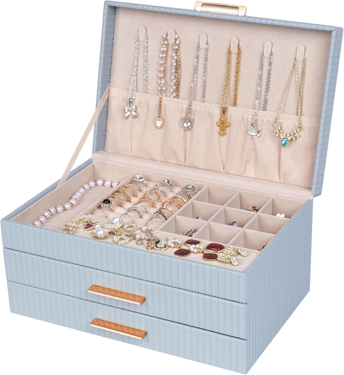 SnelShoppen - Dajasan Sieradenbox, PU Leer, 2 Lades, Grote Capaciteit, Sieradenopslag voor Vrouwen, Meisjes, Cadeau-idee, Rookblauw