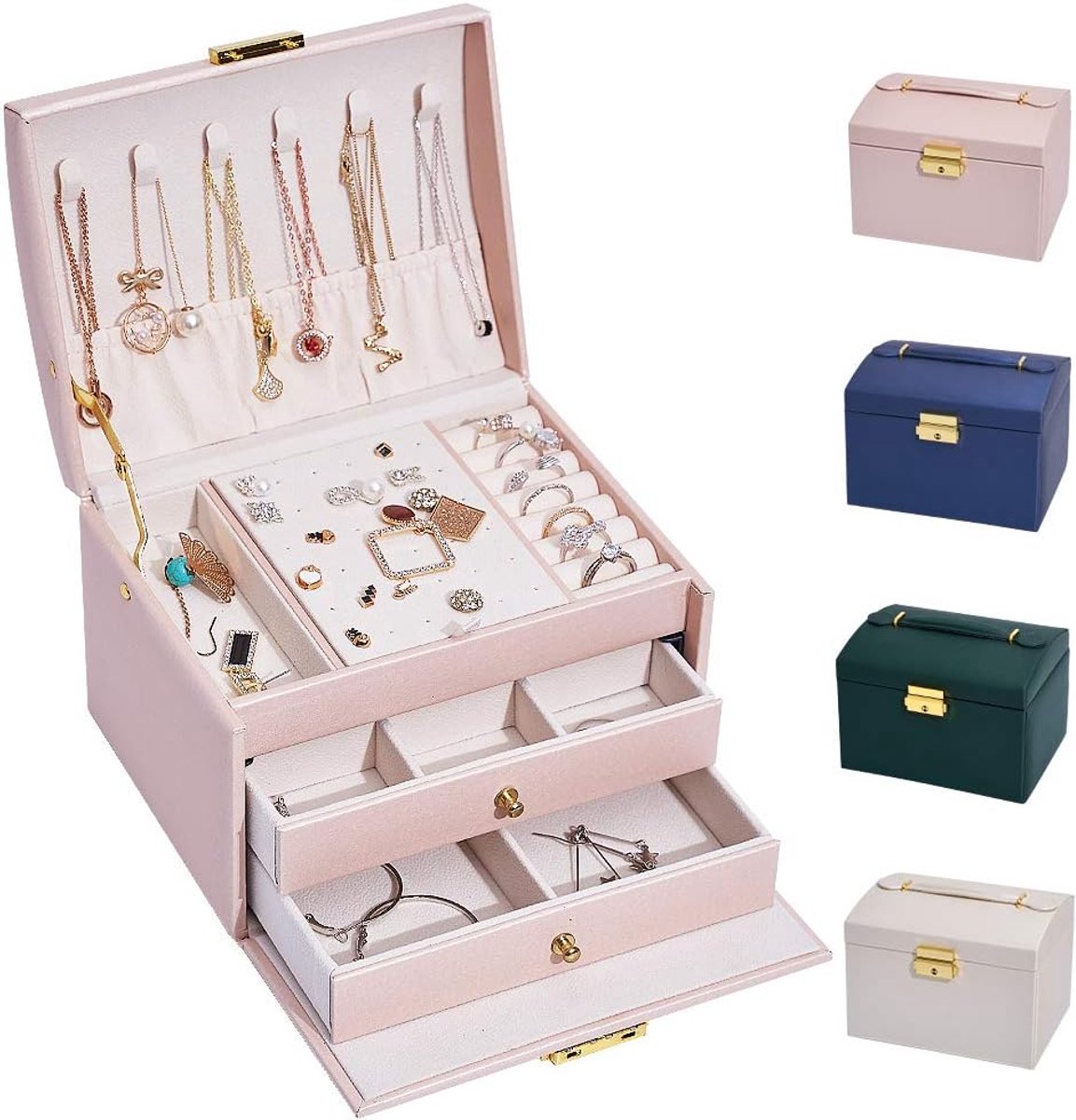 SnelShoppen - Luxe Sieradenbox voor Dames, Lockable Juwelendoos met 2 Laden en 3 Lagen, Opbergruimte voor Horloges, Kettingen, Ringen en Armbanden, Gr