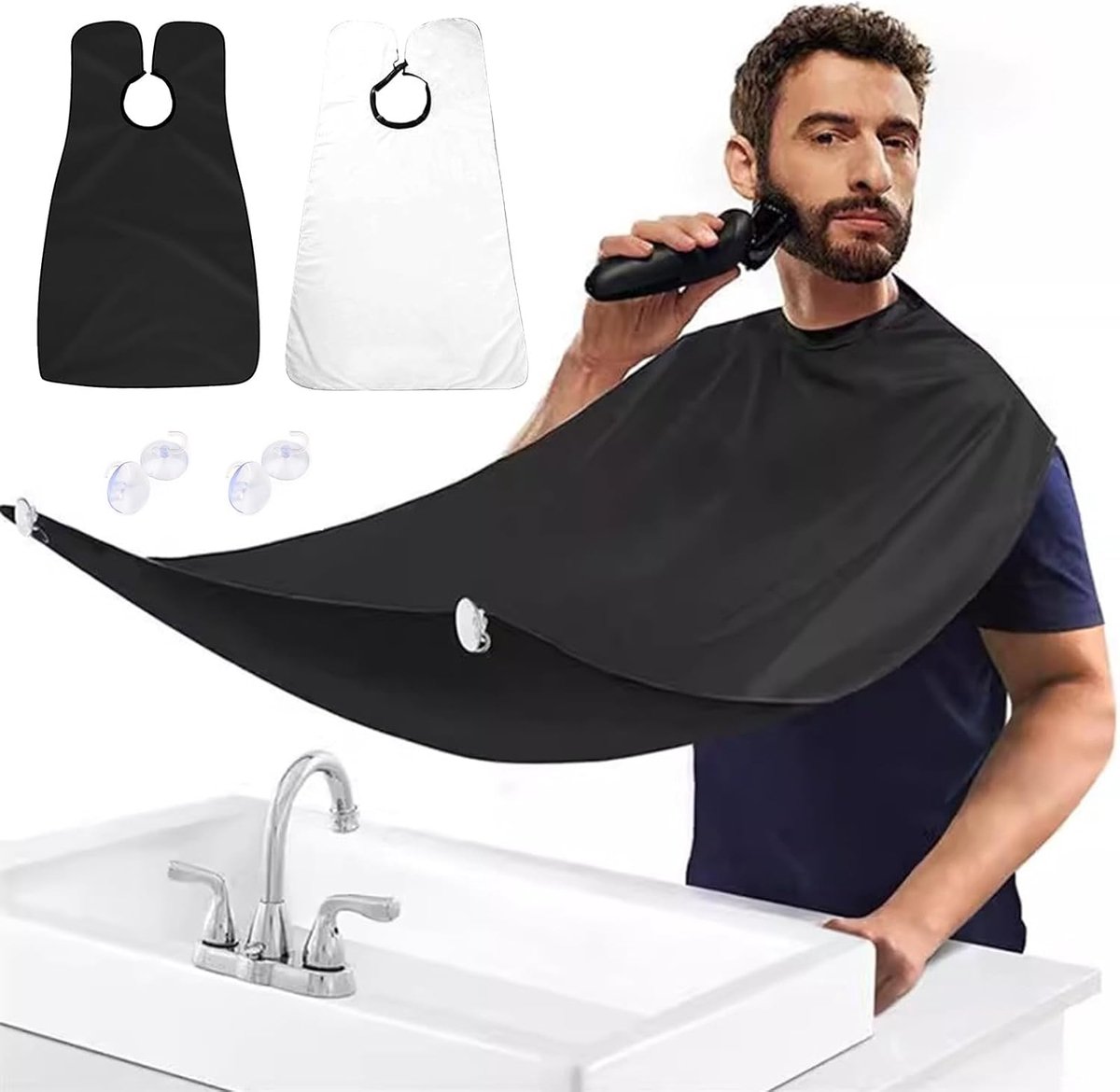 SnelShoppen - Set van 2 Herbruikbare Baardsets voor Heren, Verstelbaar Schort met Riem, Bescherming tegen Baardharen, Groot Formaat 107x67 cm, Zwart e