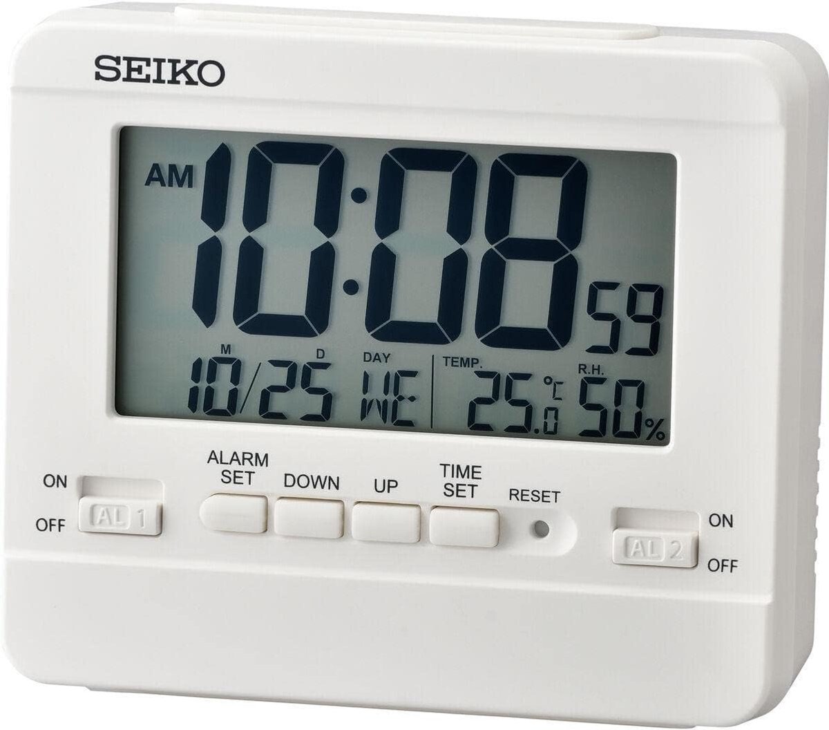 SnelShoppen - Witte Plastic Alarm Klok met Snooze Functie, LCD Kalender, Compacte Maat 9.2 x 10.5 x 3.5 cm, Perfect voor Thuis en Kantoor
