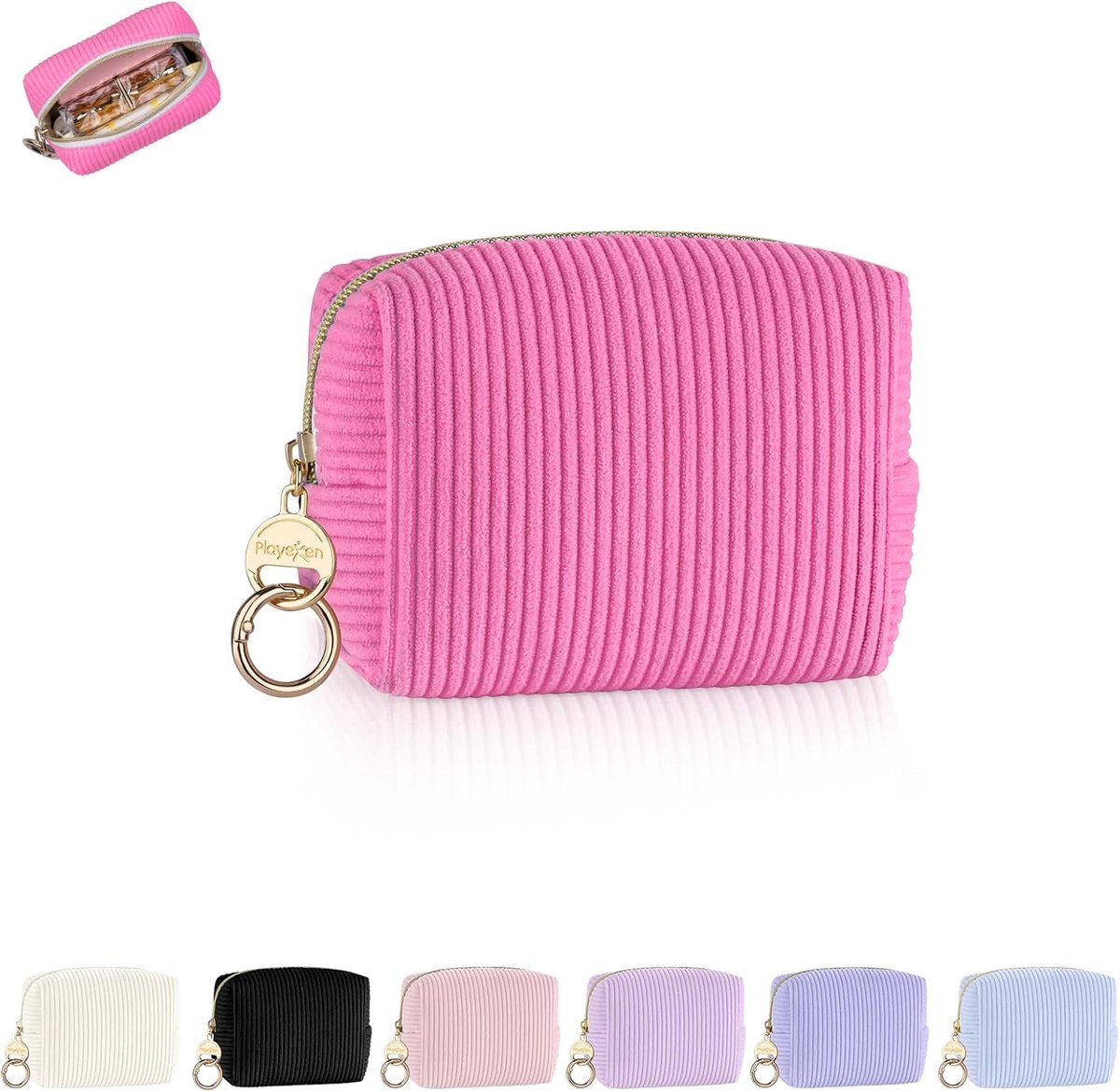 SnelShoppen - Kleine Make-up Tas Dames - Corduroy Toilettas - Handzaam en Elegant - Reistas met Rits - 12.5 x 5 x 12.5 cm - Roze - Perfect voor Reizen