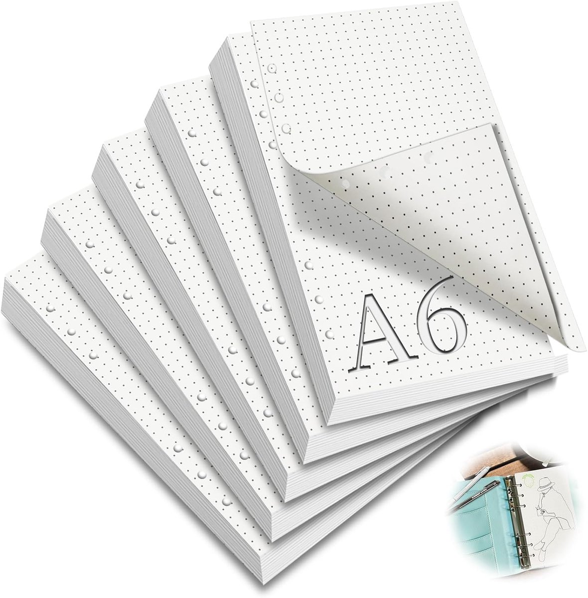 SnelShoppen - 5 Packs A6 Ringbinder Invoegen - Navulbare Dotted Papier - 300 Vellen Notitiepapier voor Journal, Notitieboek, Schetsen - 6 Gaten 17x9.5