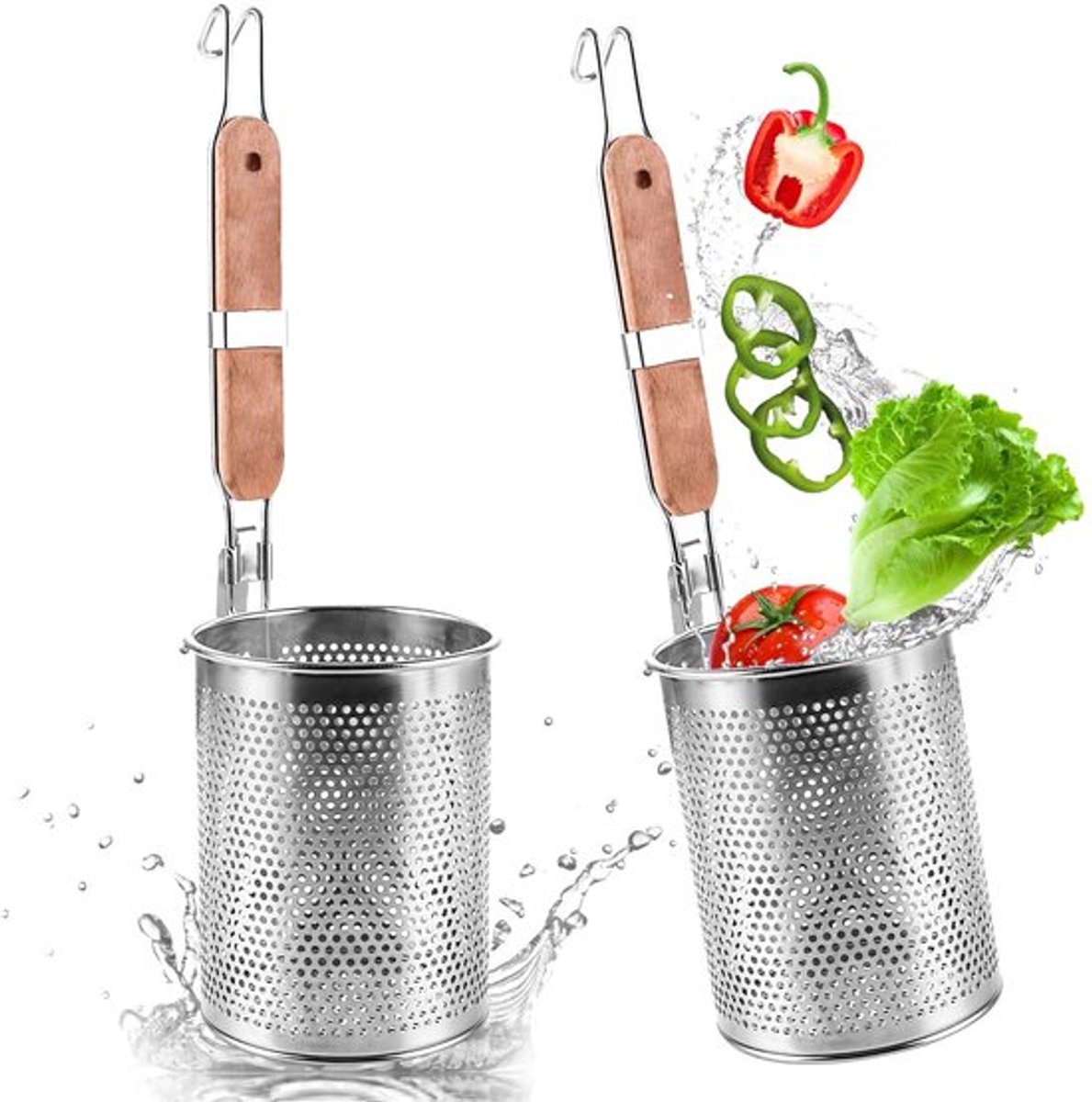 Pastamandje 12 cm - Roestvrijstalen Zeef - Houten Handvat - Set van 2 - Fijn Gaas - Keukenaccessoire - Pastazeef
