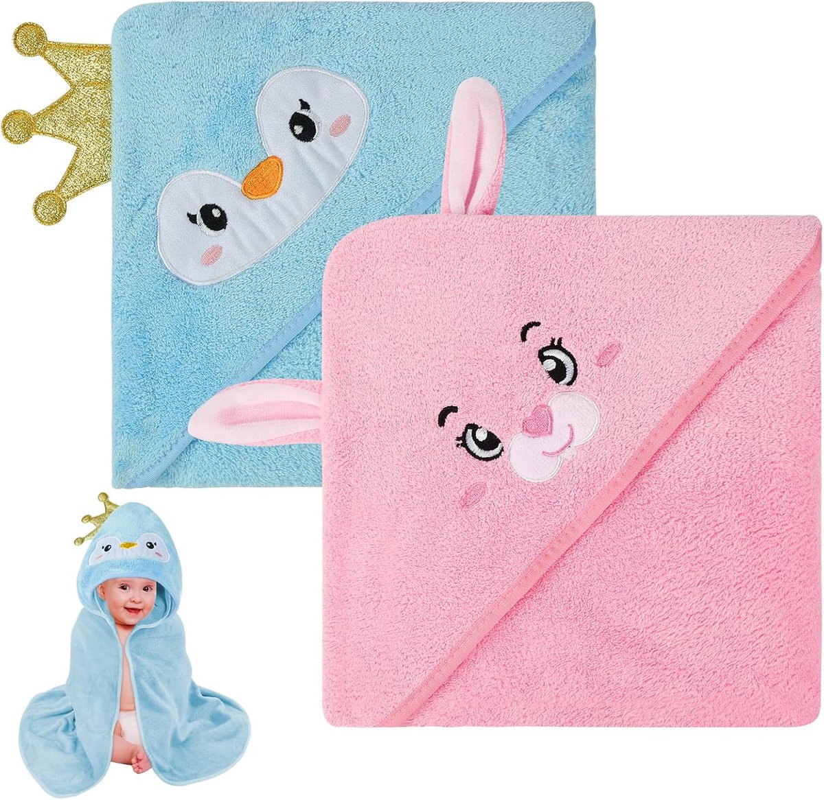 SnelShoppen - Baby Handdoek met Kap, 2 Stuks, Super Absorberende Coral Fleece Bad Poncho voor Baby's en Peuters, 80x80 cm, Blauw Pinguïn - Roze Konijn