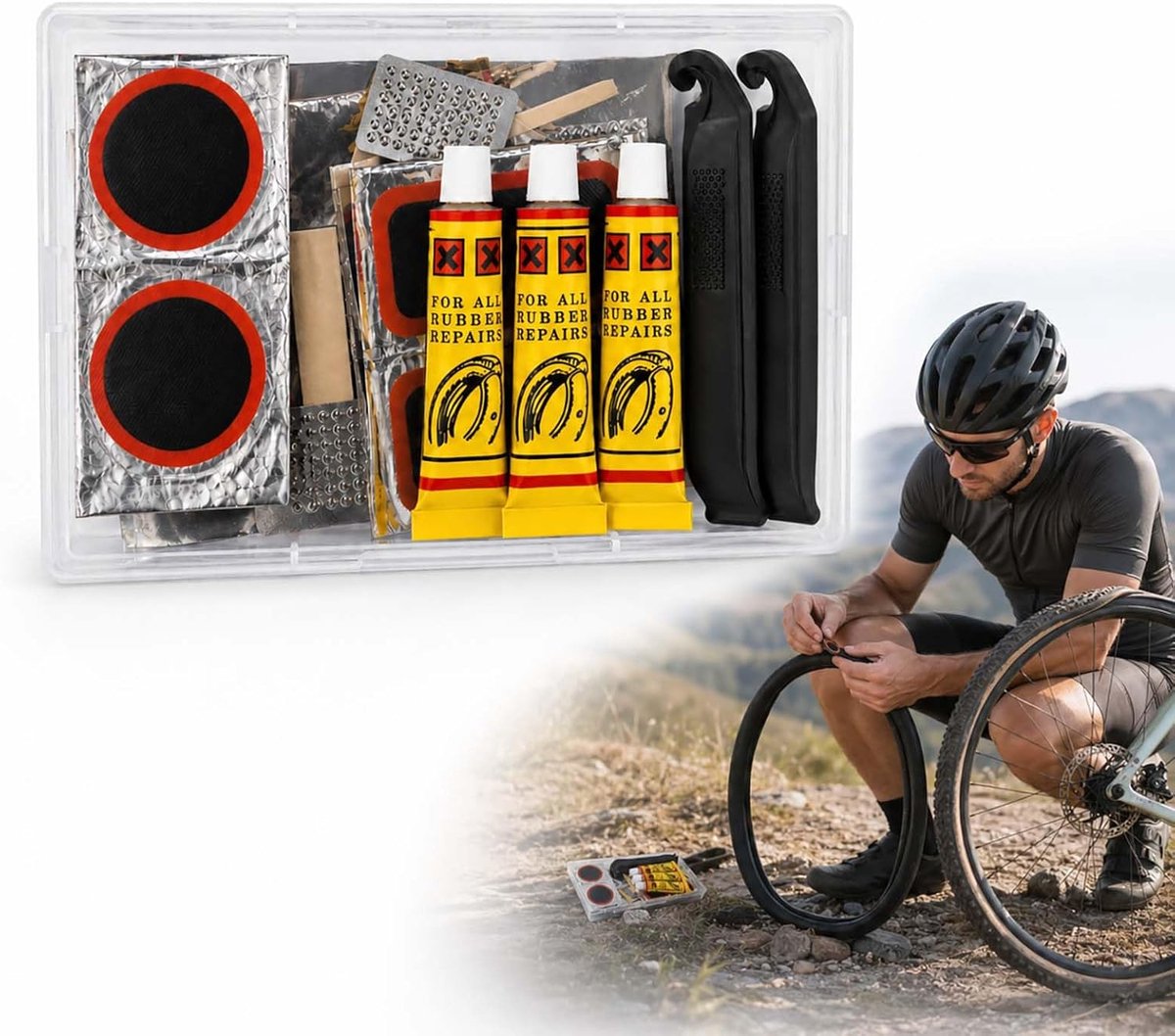 SnelShoppen - Fietsonderhoudset, Zelfklevende Plakset voor Banden, Duurzame Rubber Patches, Inclusief Metalen Schuurmiddel, Ideaal voor Fietsers